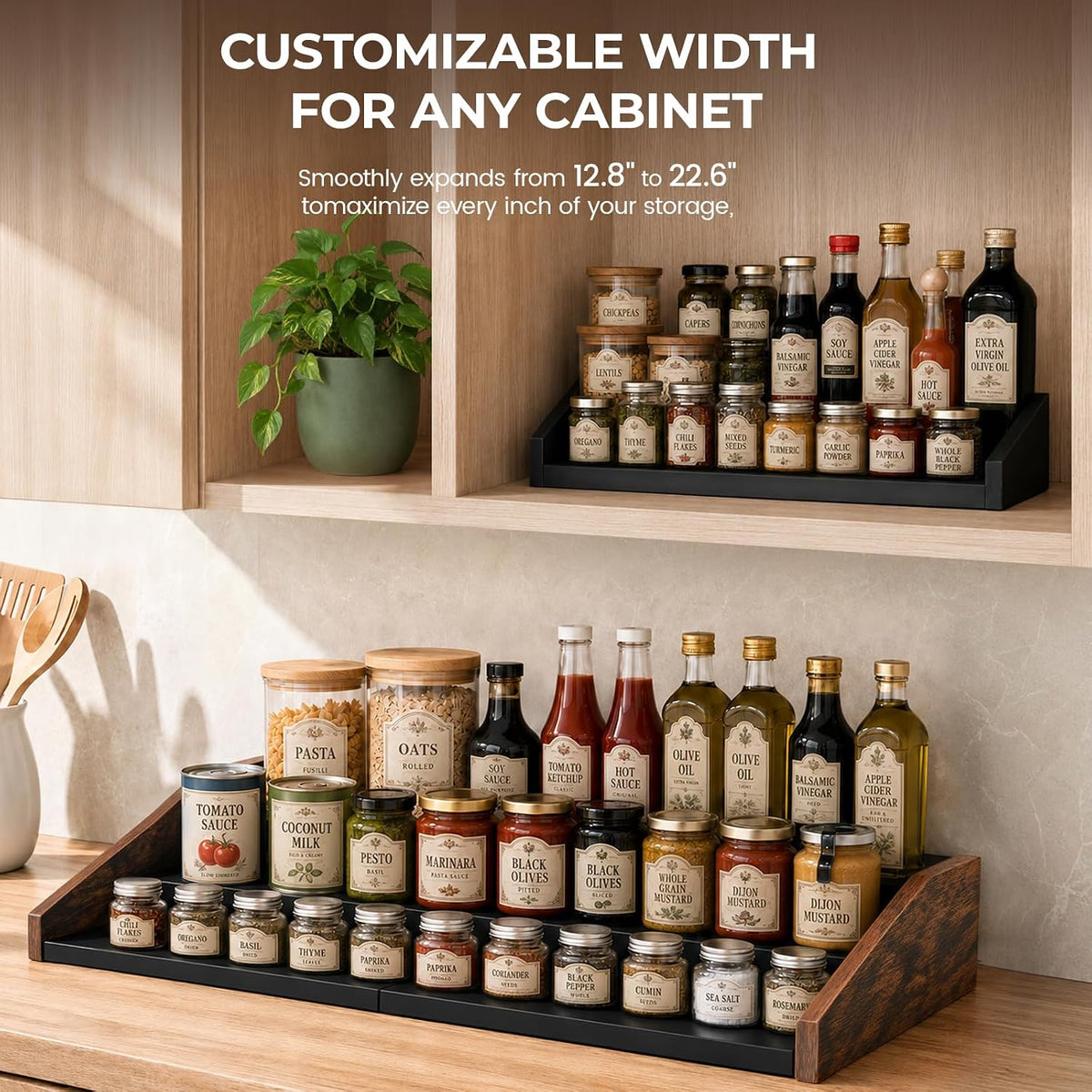 3-Tier Expandable Spice Rack Organizer, 12.8-22.6 in, Rustic Brown | Adjustable, Countertop Stepped wood & iron