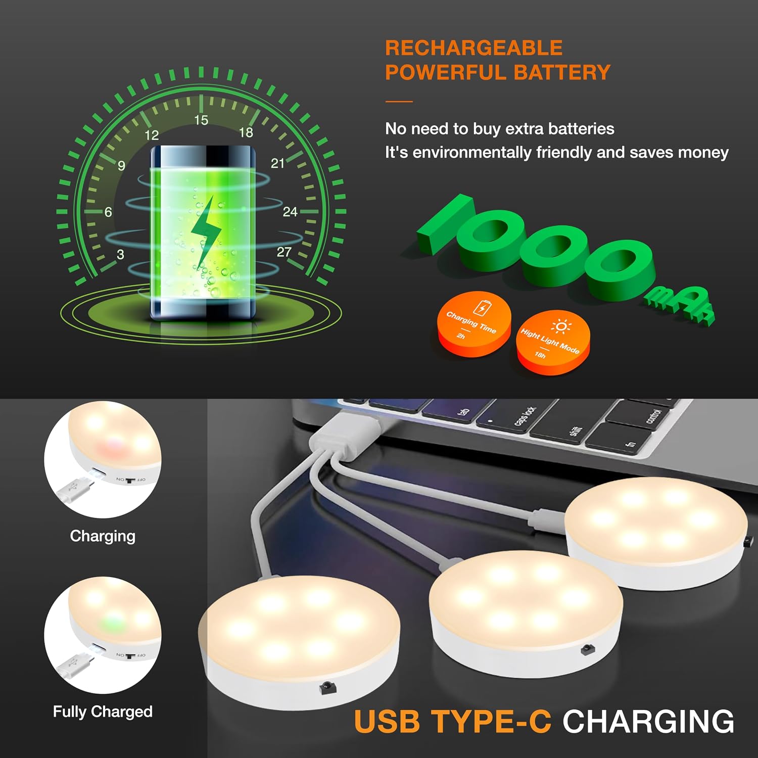 Puck Lights with Remote Control,Under Cabinet Lighting,Warm White,6 pcs | Stick On Lights,Magnetic,Cordless,1200mAh