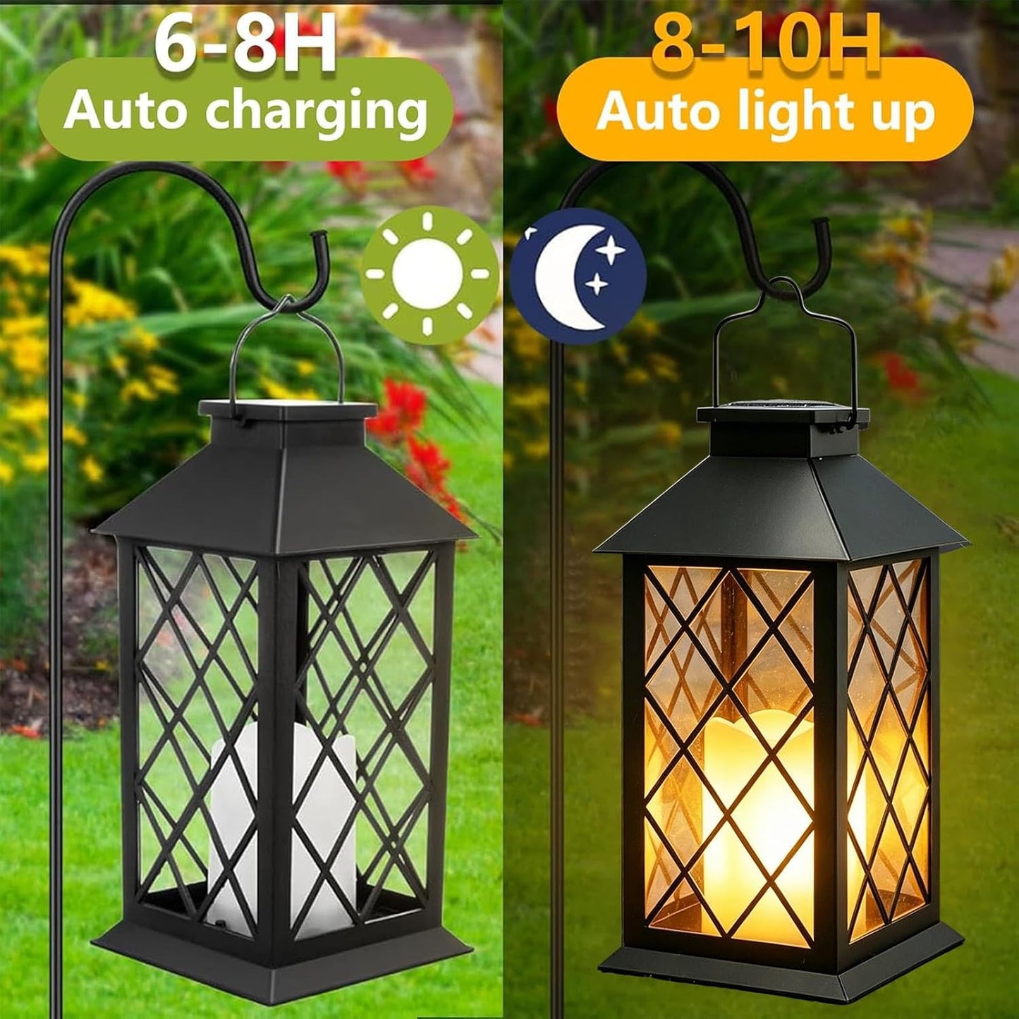 2 Pack 9" Medium Tempered Glass Solar Lanterns Outdoor Waterproof | Hanging Solar Lights with Flickering Flameless