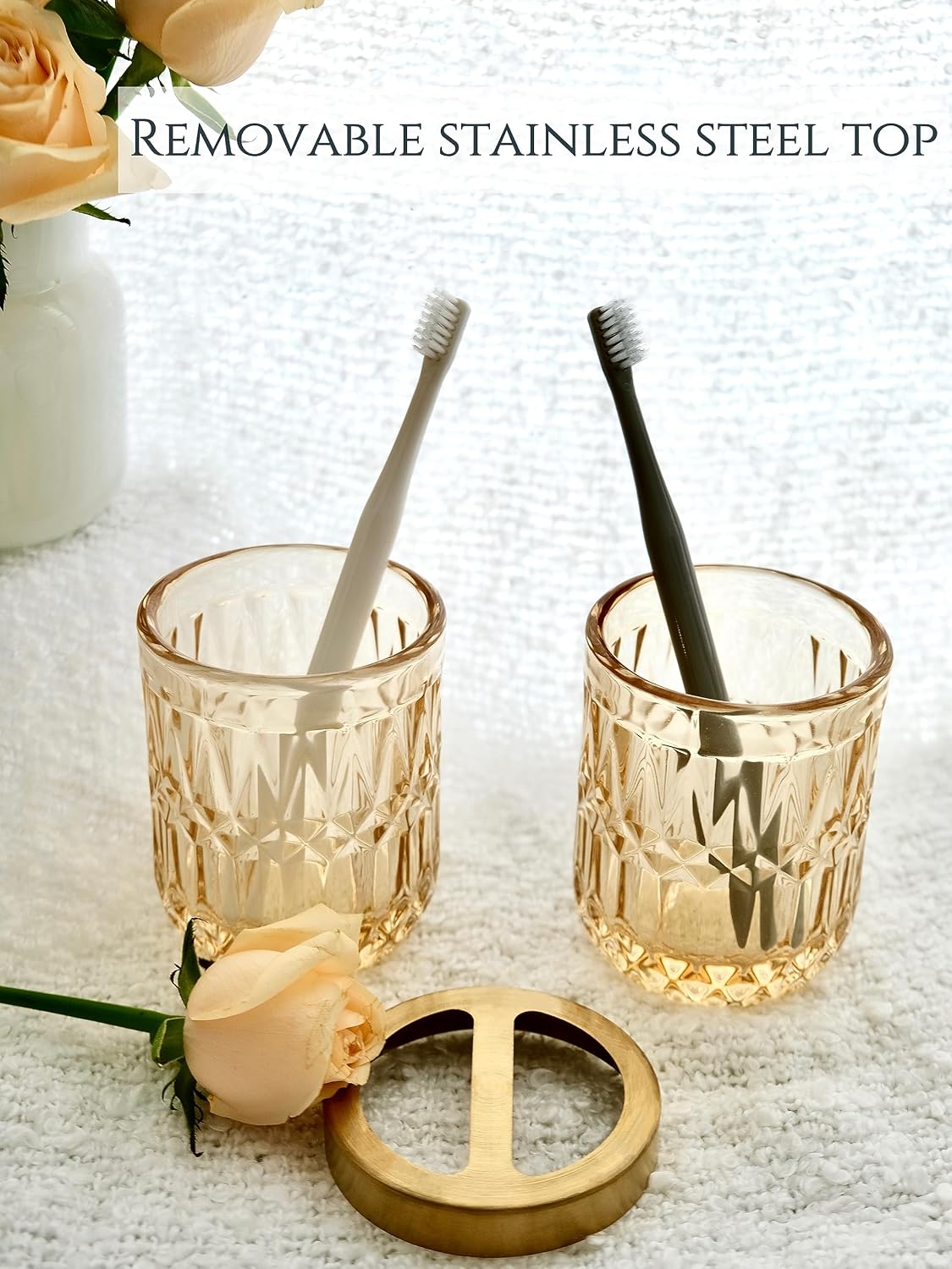 LaMarriti Clear Gold Bathroom Accessorries Set, 5Pcs Glass Bathroom Set | Soap Dispenser and Toothbrush Holder Set