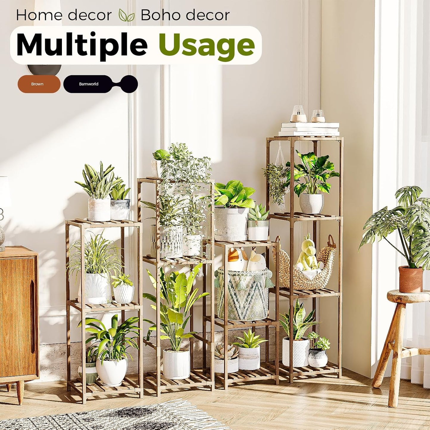Bamworld Plant Stands Indoor 4 Sets Plant Shelves Outdoor | Tall Wooden Plant Holder for Multiple Plants Flower Stands