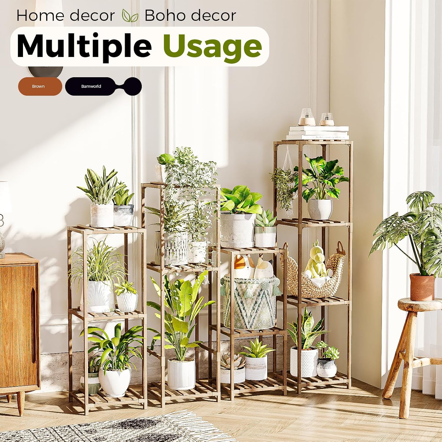 Bamworld Plant Stands Indoor 4 Sets Plant Shelves Outdoor | Tall Wooden Plant Holder for Multiple Plants Flower Stands