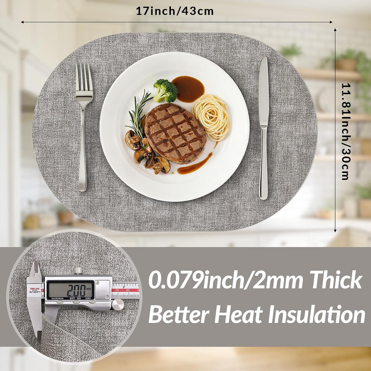 Placemats Set of 4, 11.8 x 17 Inch, Light Grey | Heat Resistant Oval Faux Leather Place Mats, Waterproof Wipeable