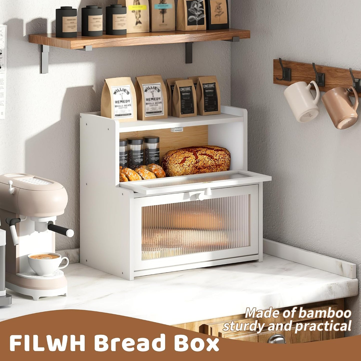Bread Box for Kitchen Countertop Double Layer Large Corner Bread Box Capacity Bread Storage Bin Farmhouse Breadbox