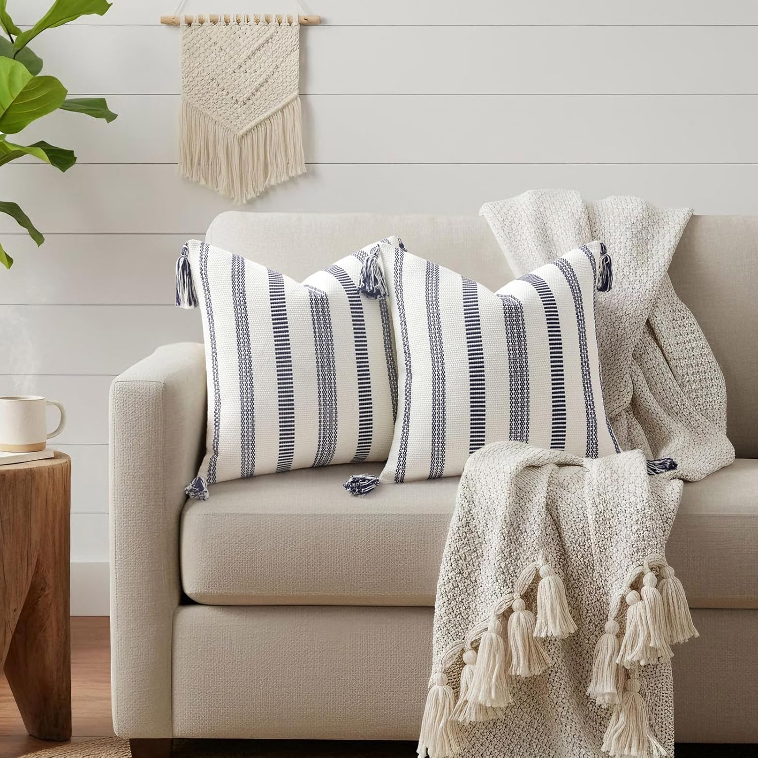 Boho Outdoor Couch Throw Pillow Covers Decorative / Navy Blue and Cream White / 20 x 20 / Set of 2
