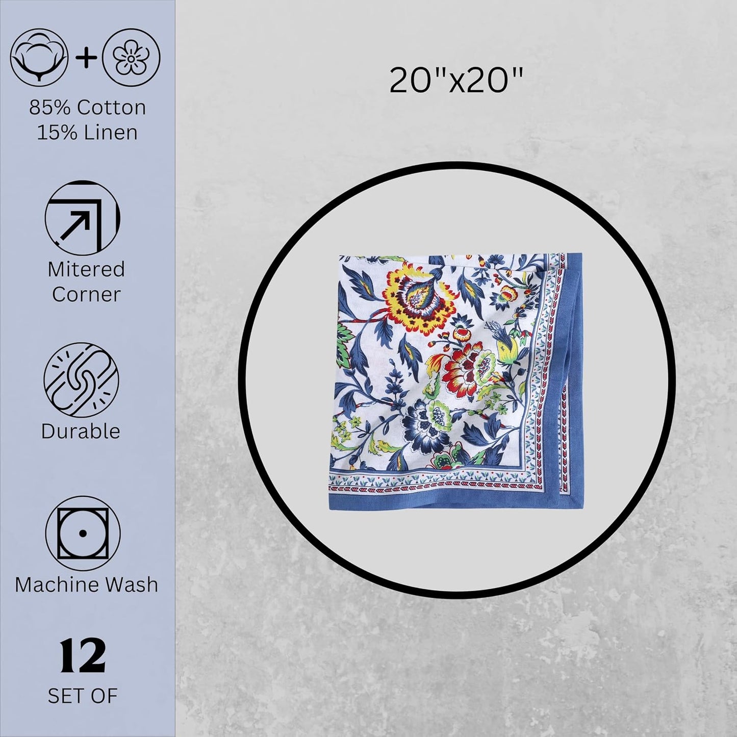 FINGERCRAFT Cloth Napkins Set of 12 Cotton Linen, 20x20 Inch, Blue Floral | Mitered corner, washable, soft, absorbent