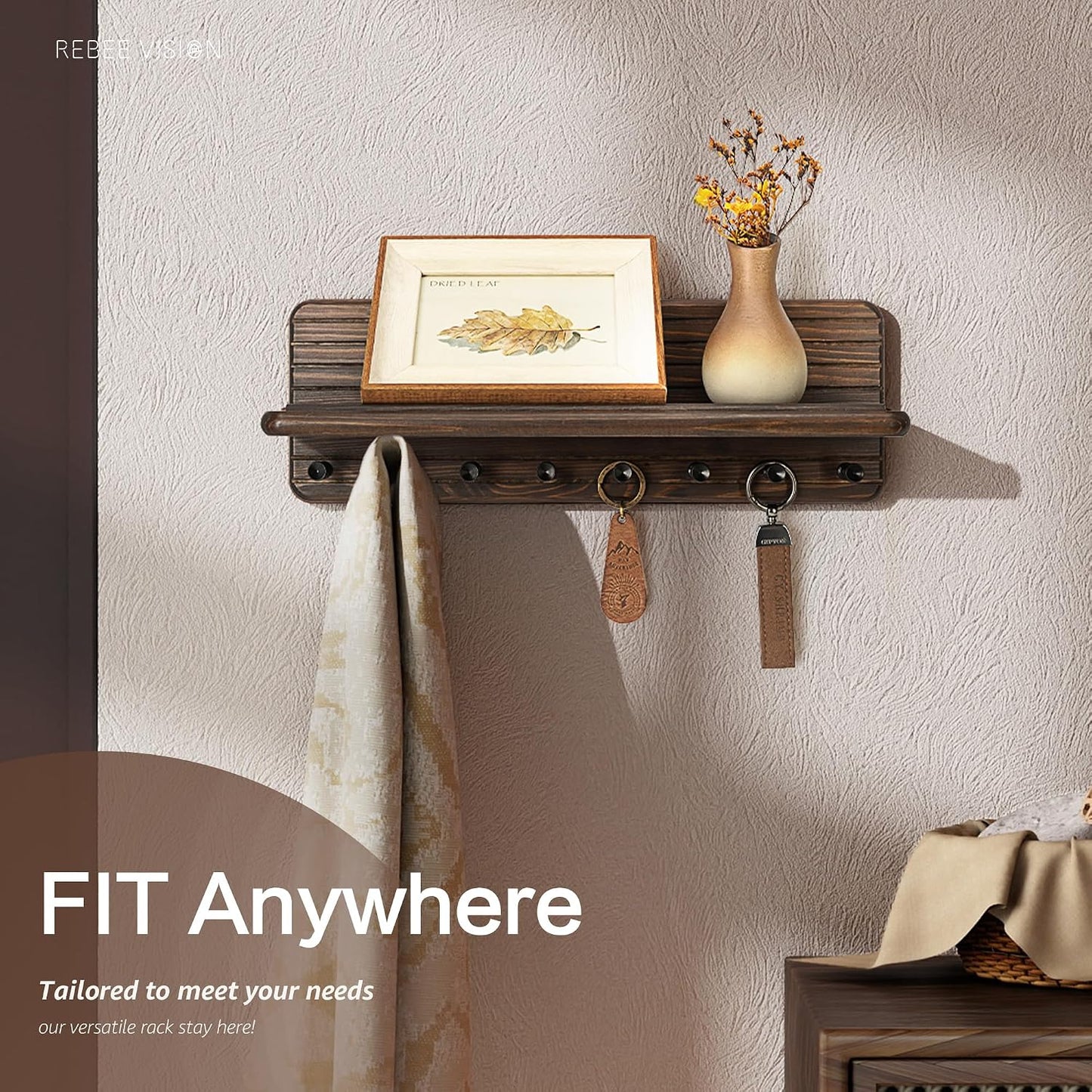 8 Durable Hooks & Floating Shelf / Brown