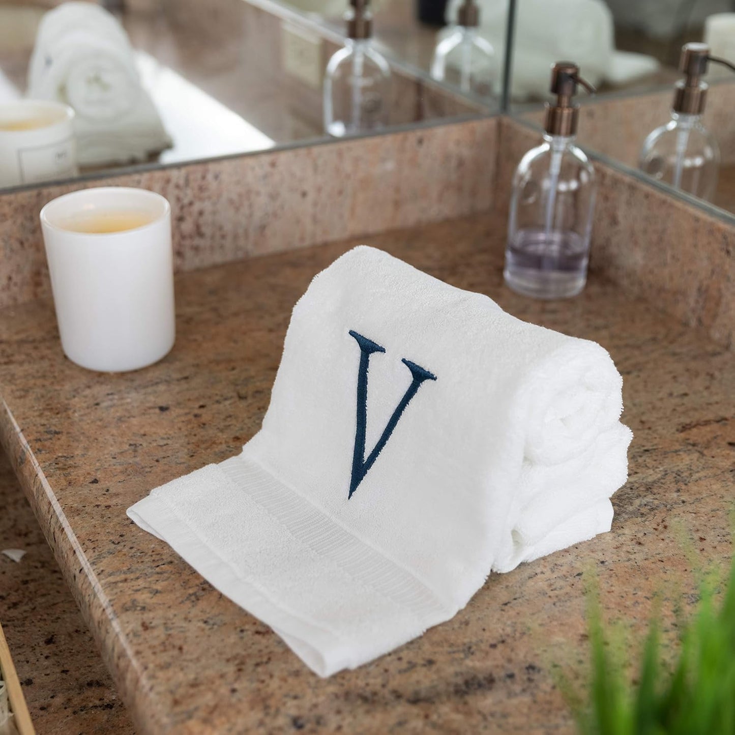 White with Navy Monogrammed Hand Towels for Bathroom - Set of 2 Letter V | Luxury Hotel Quality Initial Towels For
