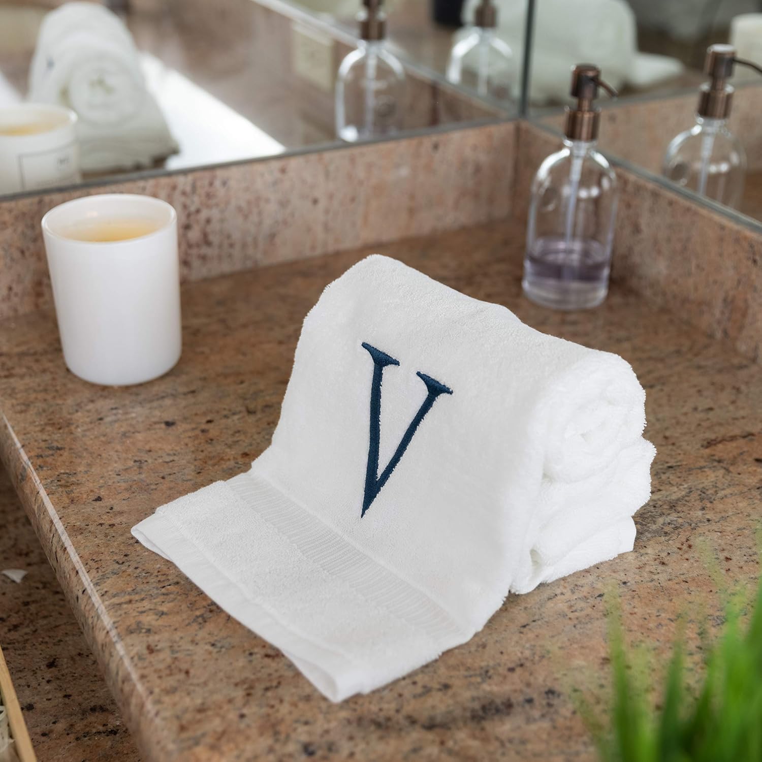 White with Navy Monogrammed Hand Towels for Bathroom - Set of 2 Letter V | Luxury Hotel Quality Initial Towels For