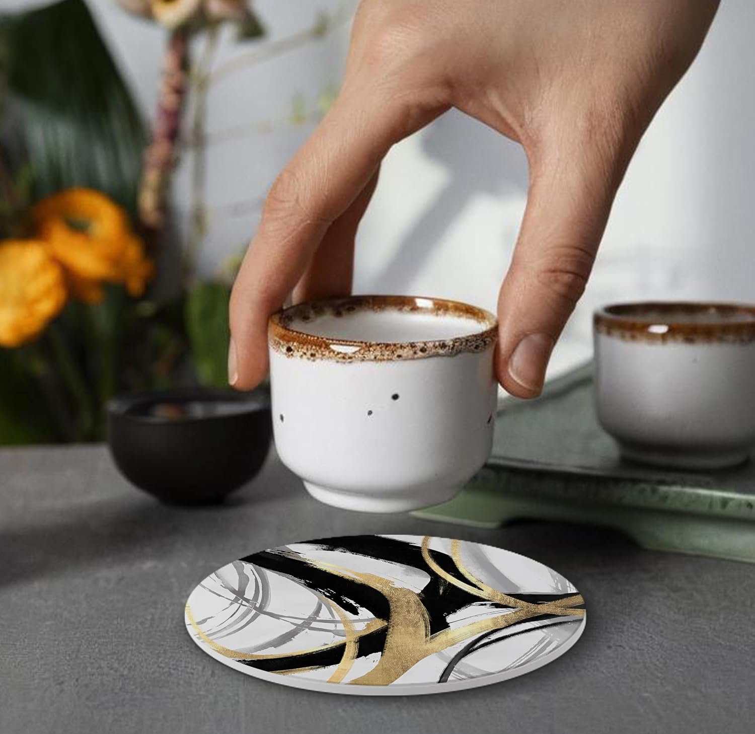 Modern Abstract Geometrical Ceramic Car Drink Coaster Cup Mat / Black and Gold / Set of 4