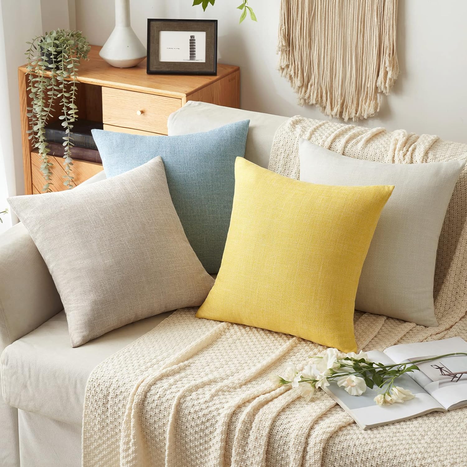 Decorative Linen Burlap Textured Pillow Covers Farmhouse Boho Accent / 18 x 18 / Taupe / Set of 2