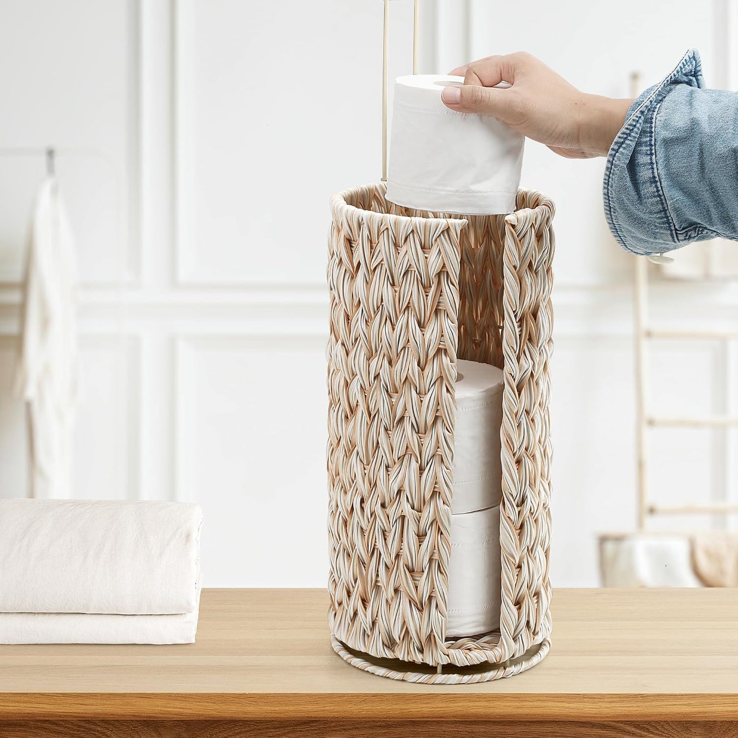 Toilet Paper Holder Stand with Lid Free Standing Storage for Bathroom Beige | Wciker, Water Hyacinth, 3 Rolls of Toilet