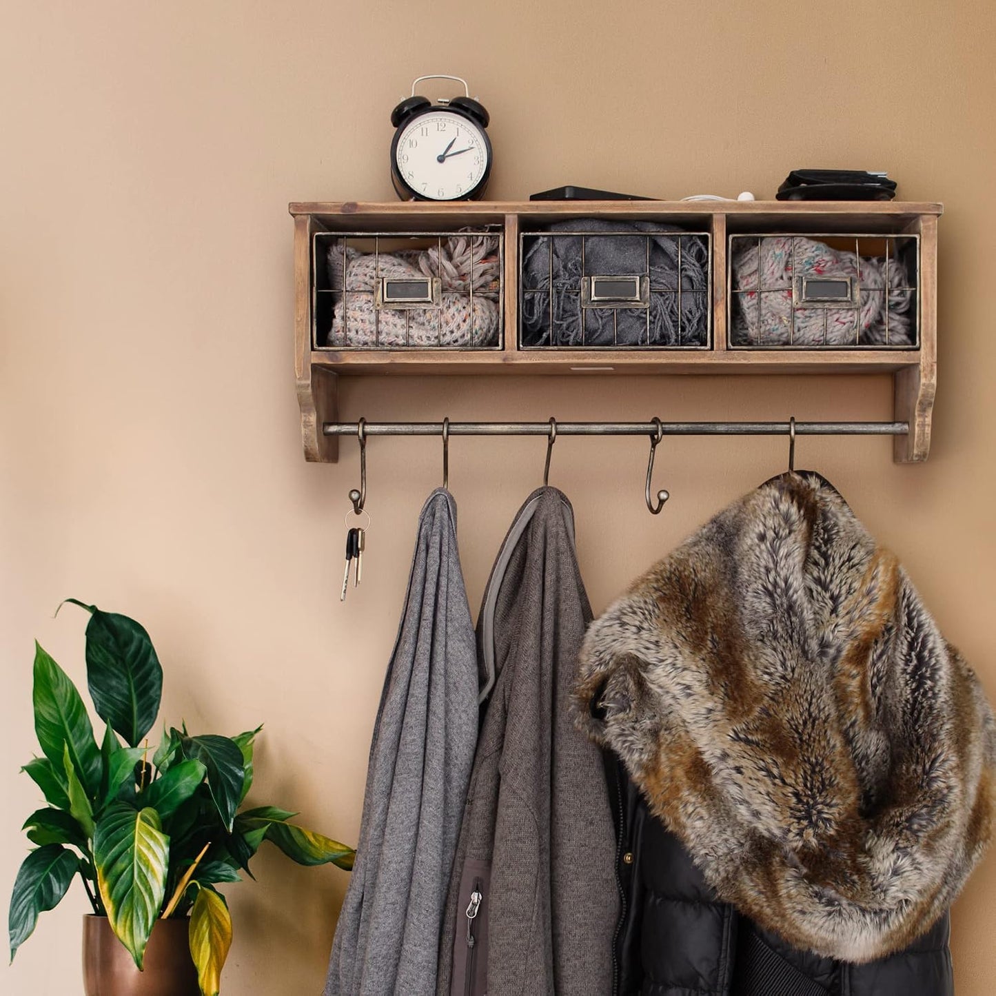 HBCY Creations Wall Mounted Shelf with Coat Hooks and Baskets, Solid Wood Entryway Organizer Wall Shelf with Hooks