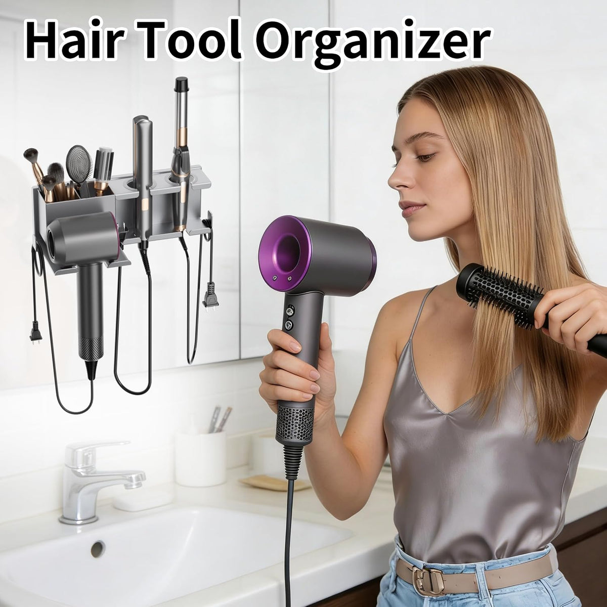 Hair Dryer Holder, Hair Tool Organizer, Blow Dryer Hanger Wall Mount for Dryer Hook, Bathroom Space-Saving Blow Dryer