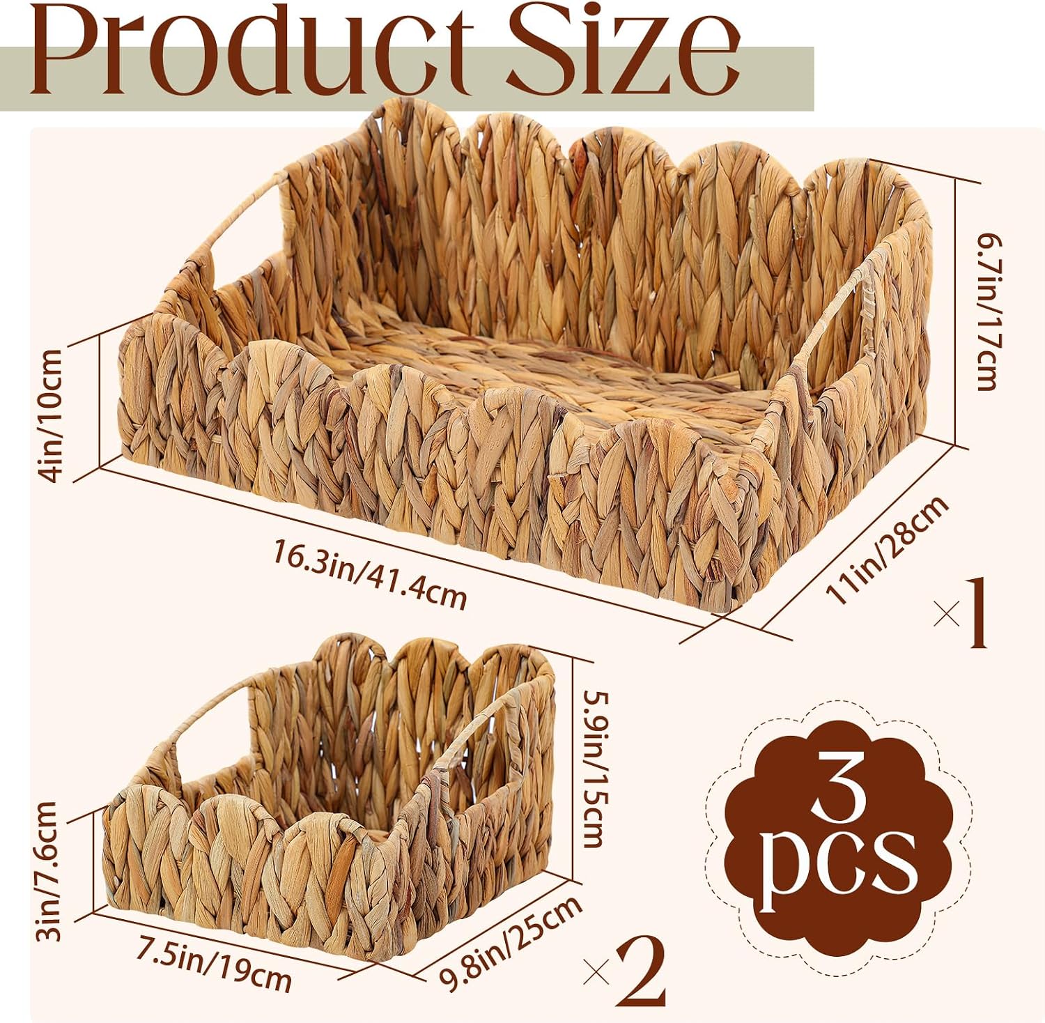 Scalloped Wicker Baskets for Storage / Set of 3
