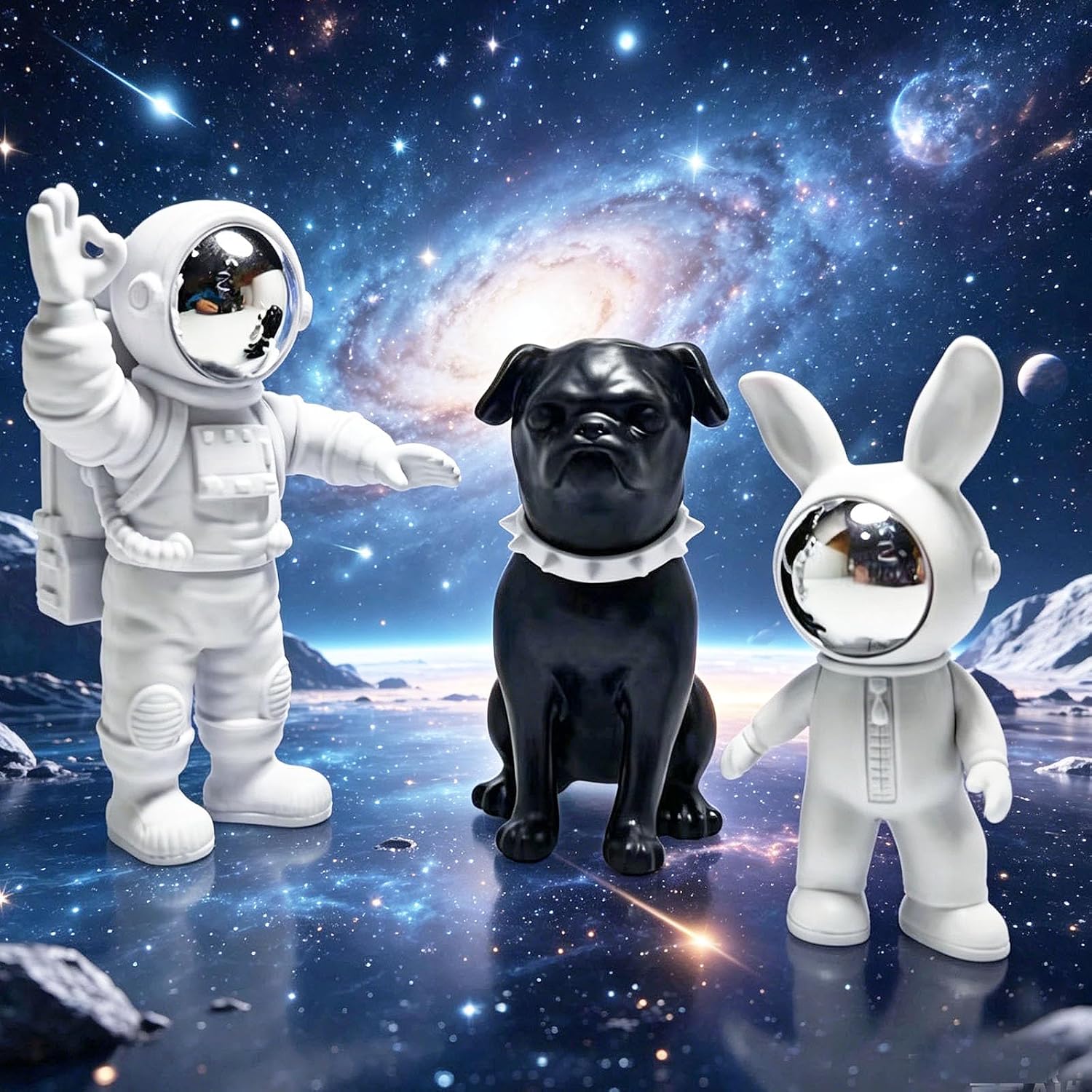 Astronaut Statues / Dog Statue Rabbit Figurine Ornament / Silver / Set of 3