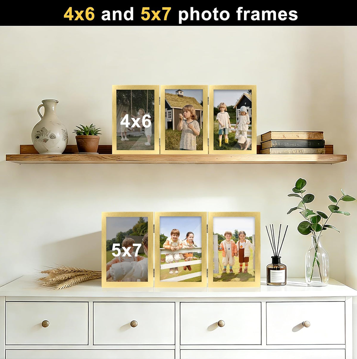 TOFOREVO 4x6 3 Picture Frame Triple Wooden Hinged Photo Frame Definition Glass Stand Vertically on Desktop or Tabletop