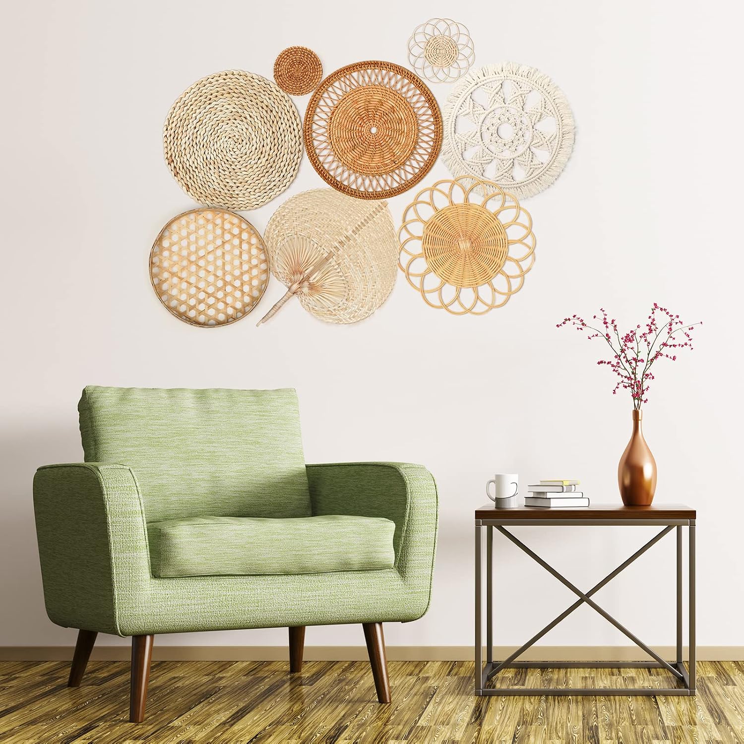 Boho Wall Basket Decor Woven Rattan Flat Baskets Round Handmade Wicker Bamboo Hanging / Set of 8