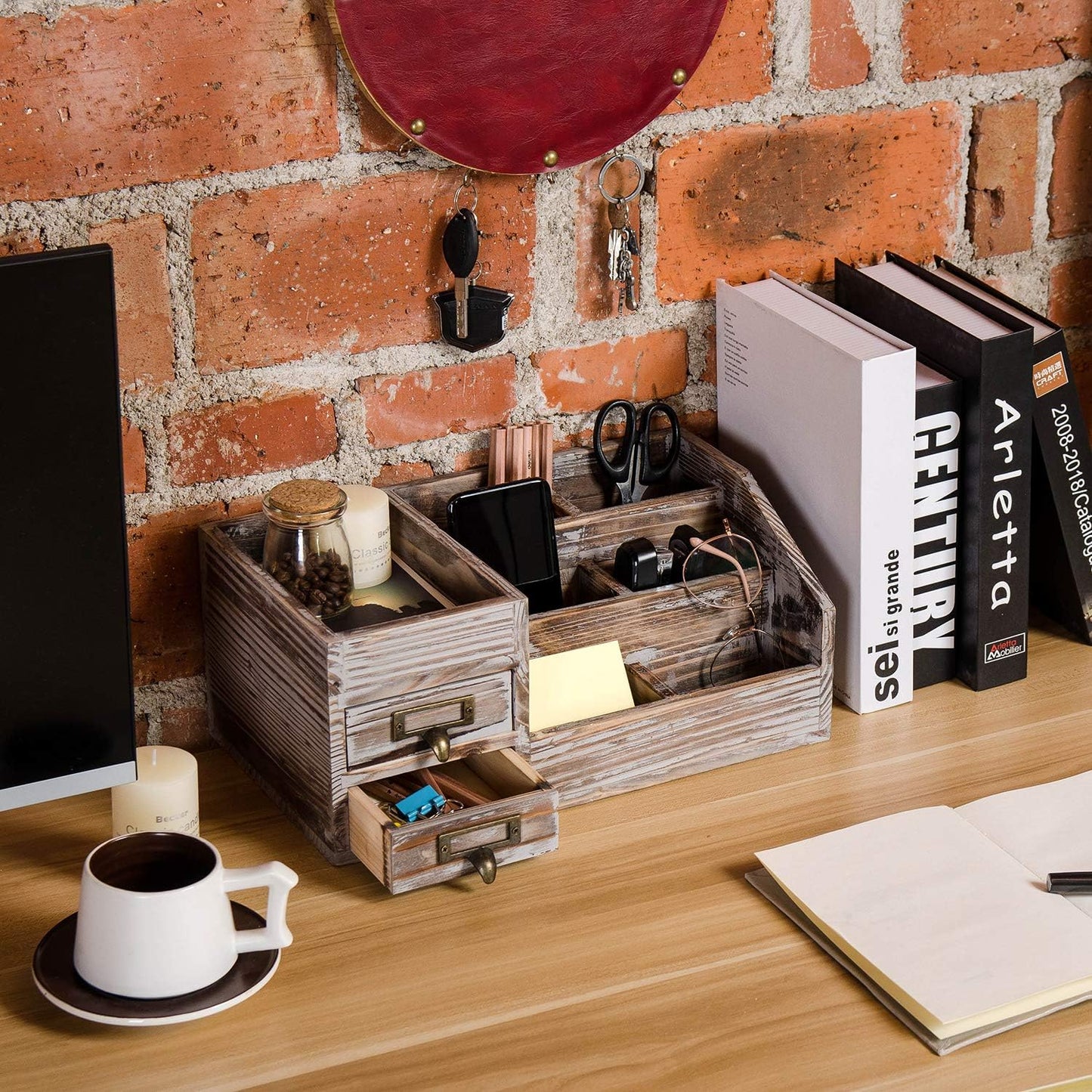 Liry Products Rustic Torched Wooden Desktop Organizer Dark Brown Tabletop Storage Cabinet Stepped Rack Multiple