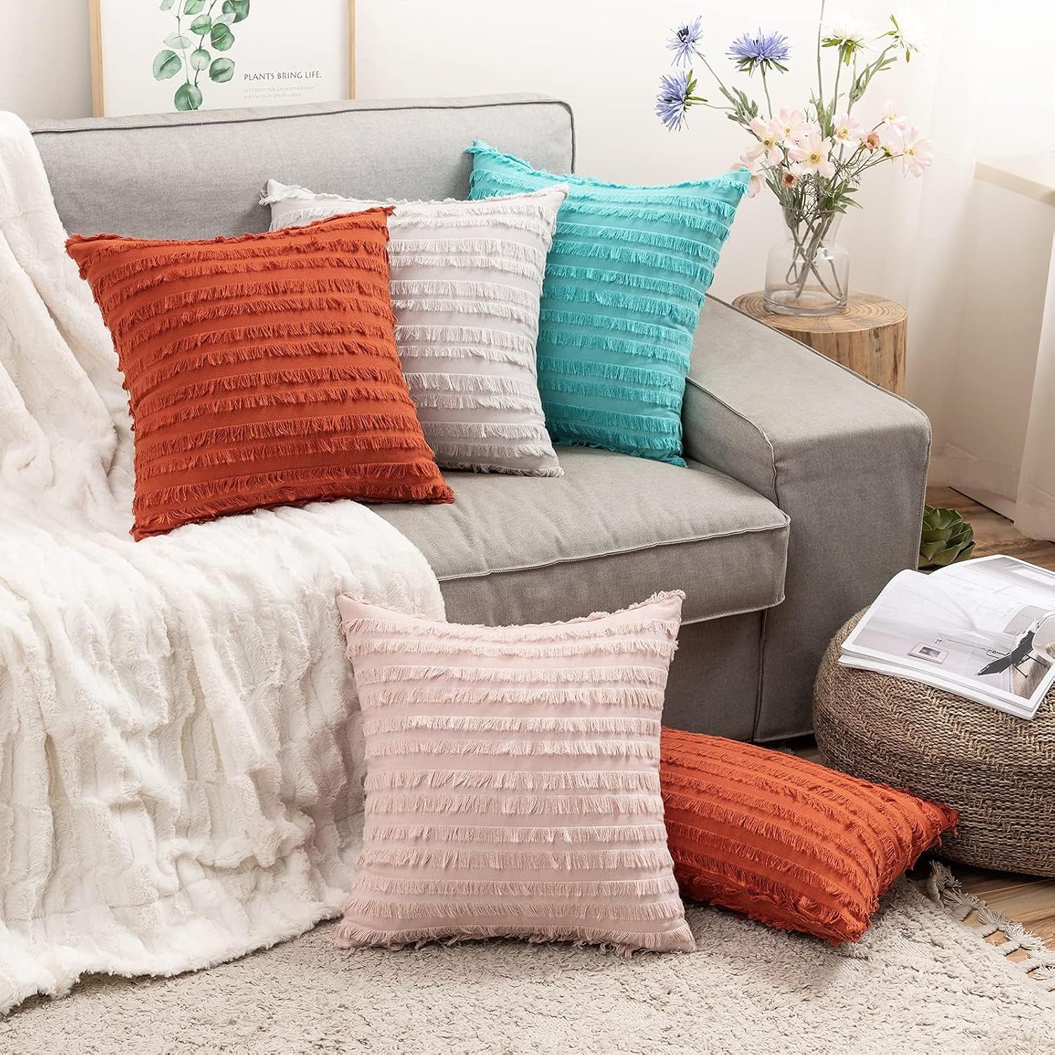 Fall Decorative Boho Throw Pillow Covers Linen Striped Jacquard / 16 x 16 / Burnt Orange / Set of 2