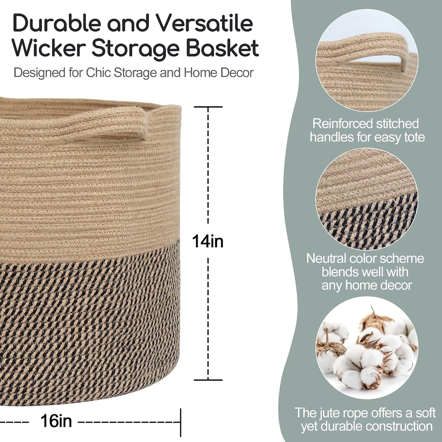 Woven Baskets for Storage / Black and Jute / 16 x 14
