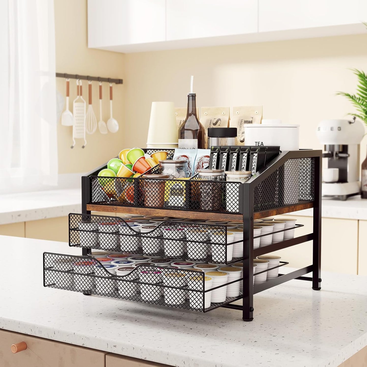Coffee Bar Organizer - Coffee Station for Countertop, Metal and Wood K Cup holder Storage Basket for Coffee Pods
