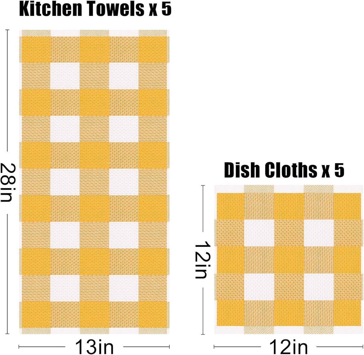 Homaxy Kitchen Towels and Dishcloths Set, Set of 10, White & Golden Yellow | Bulk Cotton Waffle Weave Check Plaid