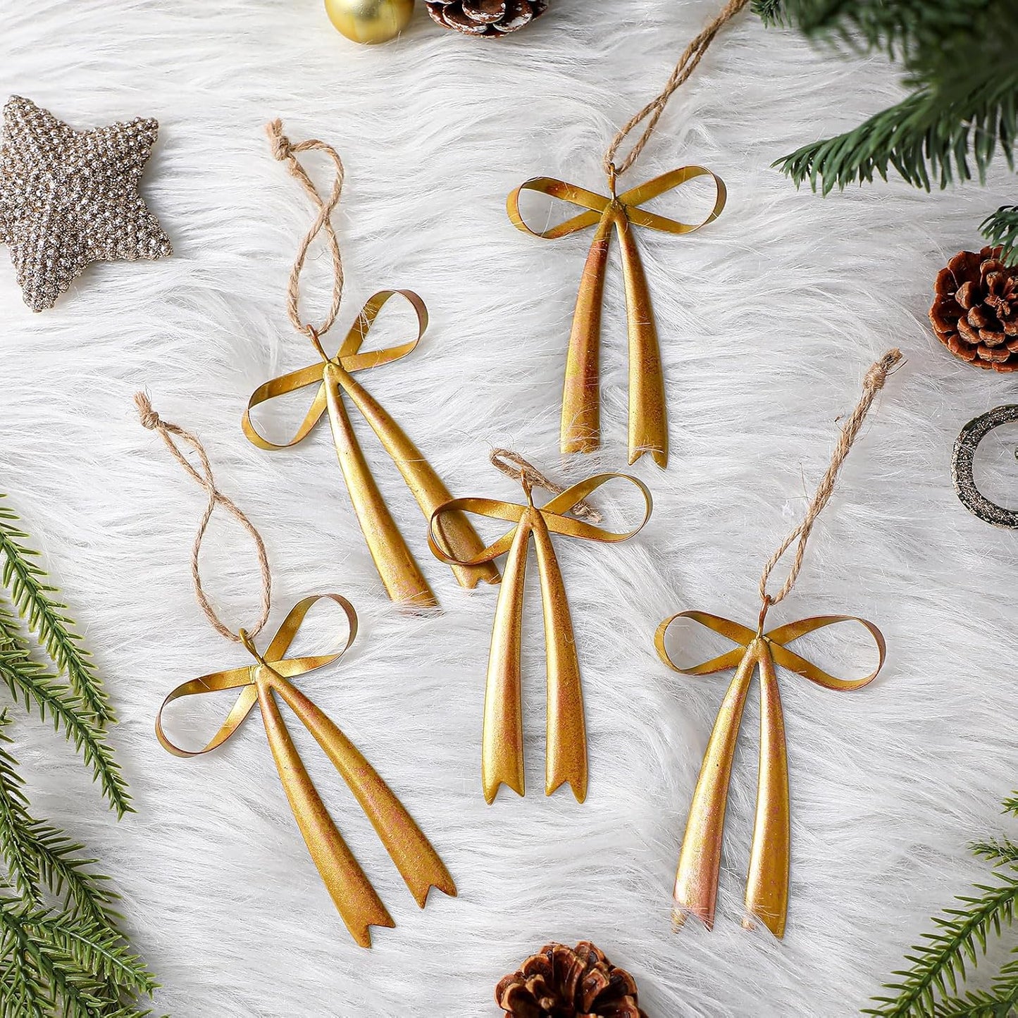 Brass Bow Metal Christmas Ornaments Vintage Rust Bow Hanging / Gold / 3.5 x 2.8 / Set of 12