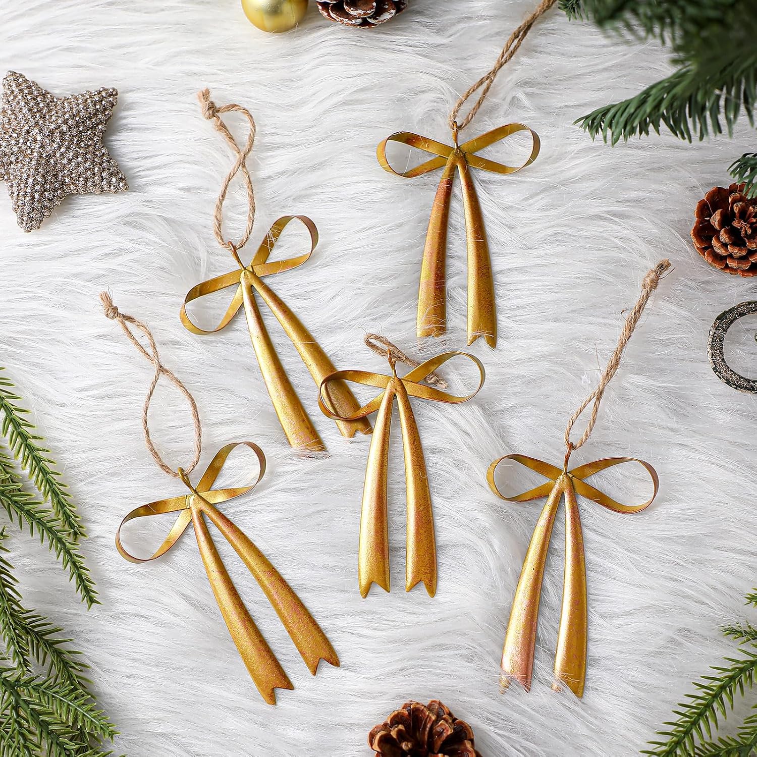 Brass Bow Metal Christmas Ornaments Vintage Rust Bow Hanging / Gold / 3.5 x 2.8 / Set of 12