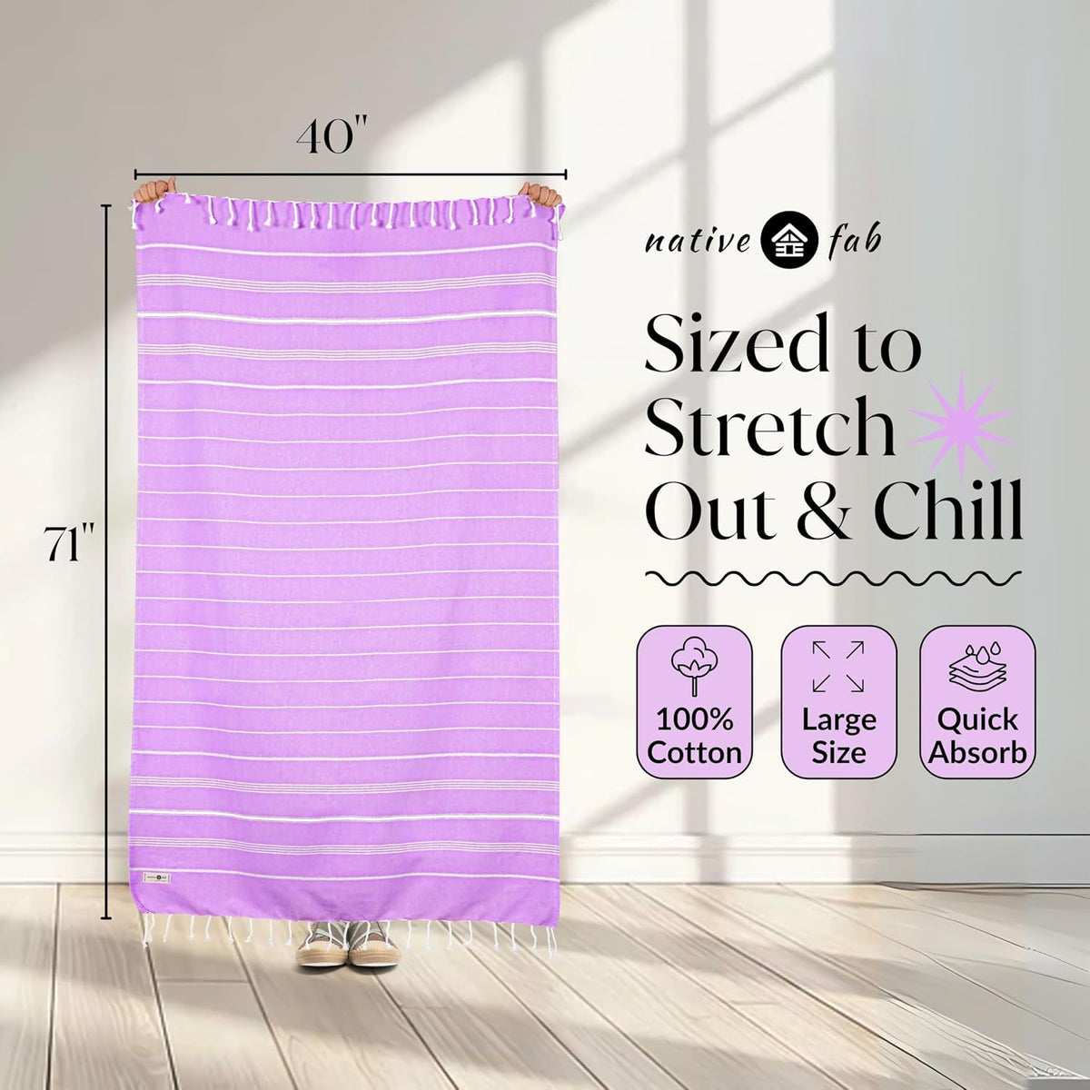 Native Fab Turkish Cotton Beach Towels Set of 6, Oversized 40x71 Inches, Thin & Lightweight, Quick Drying, Sand