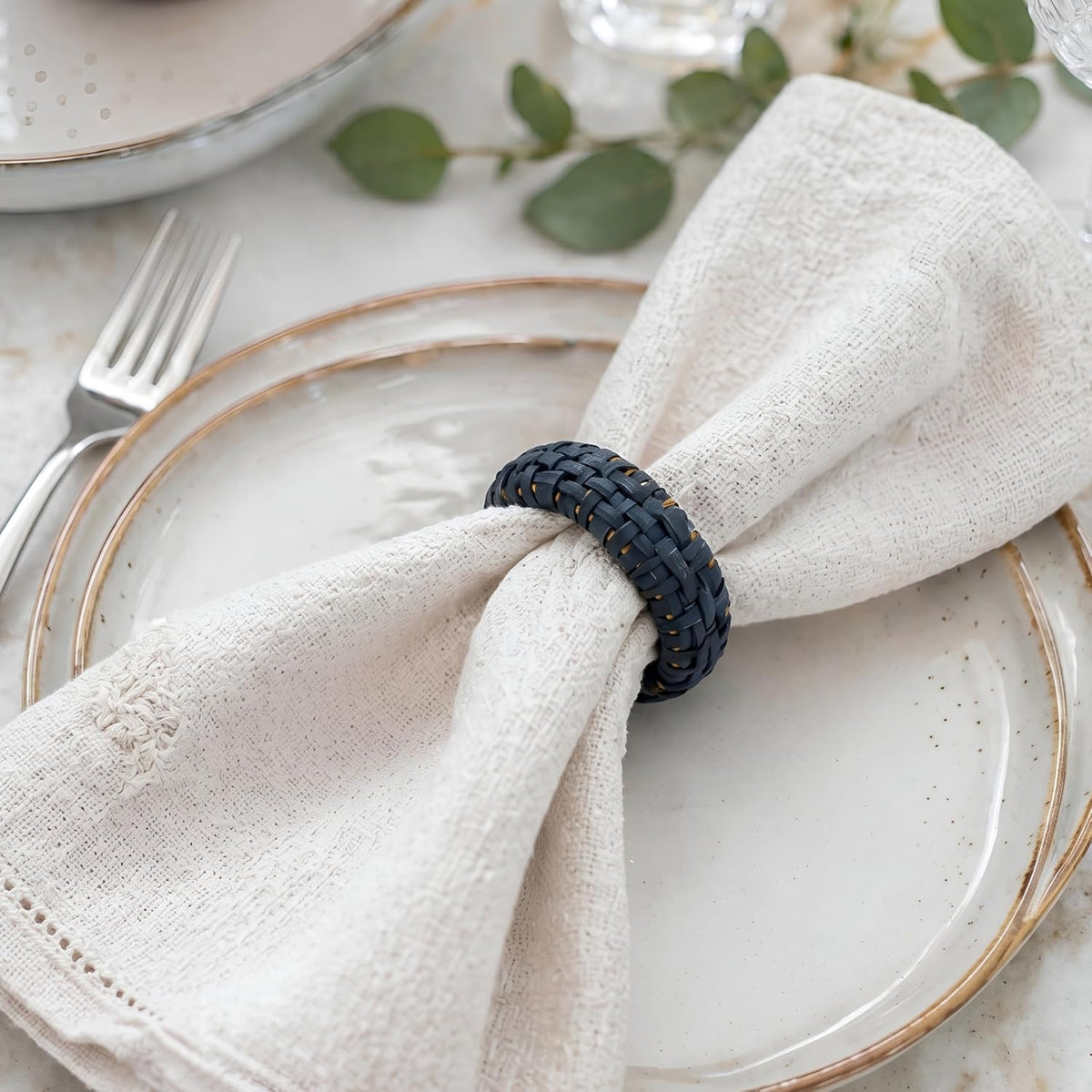 Cane Woven Napkin Rings, Navy Blue, 12-Pack | Natural cane, durable plastic core, 2.25x2.25x0.5 in, bohemian coastal