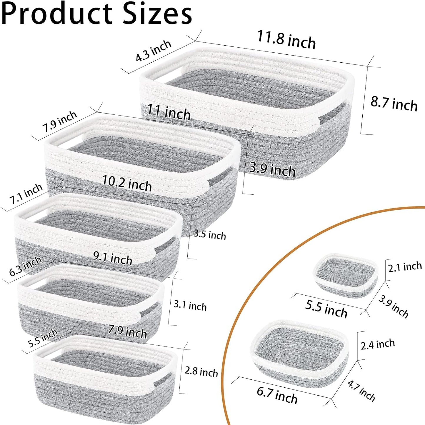7 Piece Cotton Rope Woven Basket Set / OFF WHITE & GRAY
