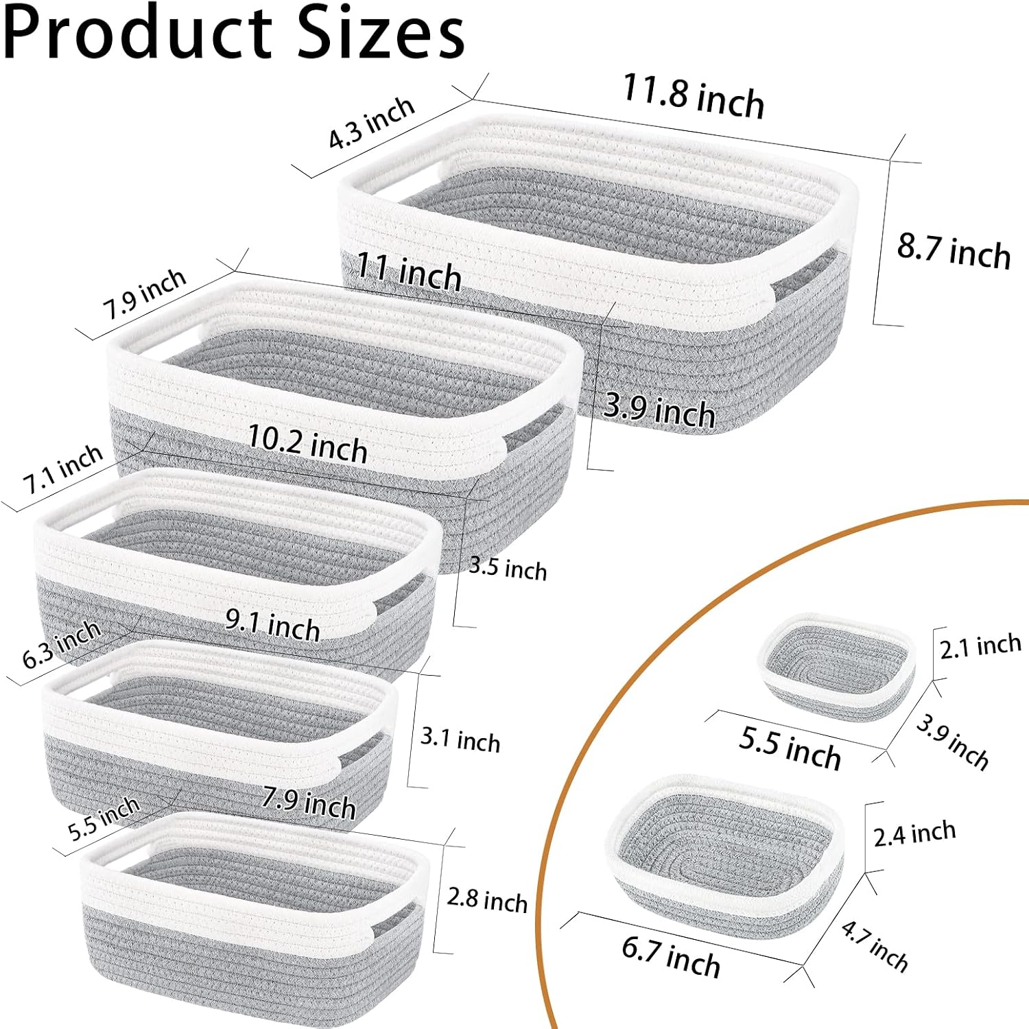 7 Piece Cotton Rope Woven Basket Set / OFF WHITE & GRAY
