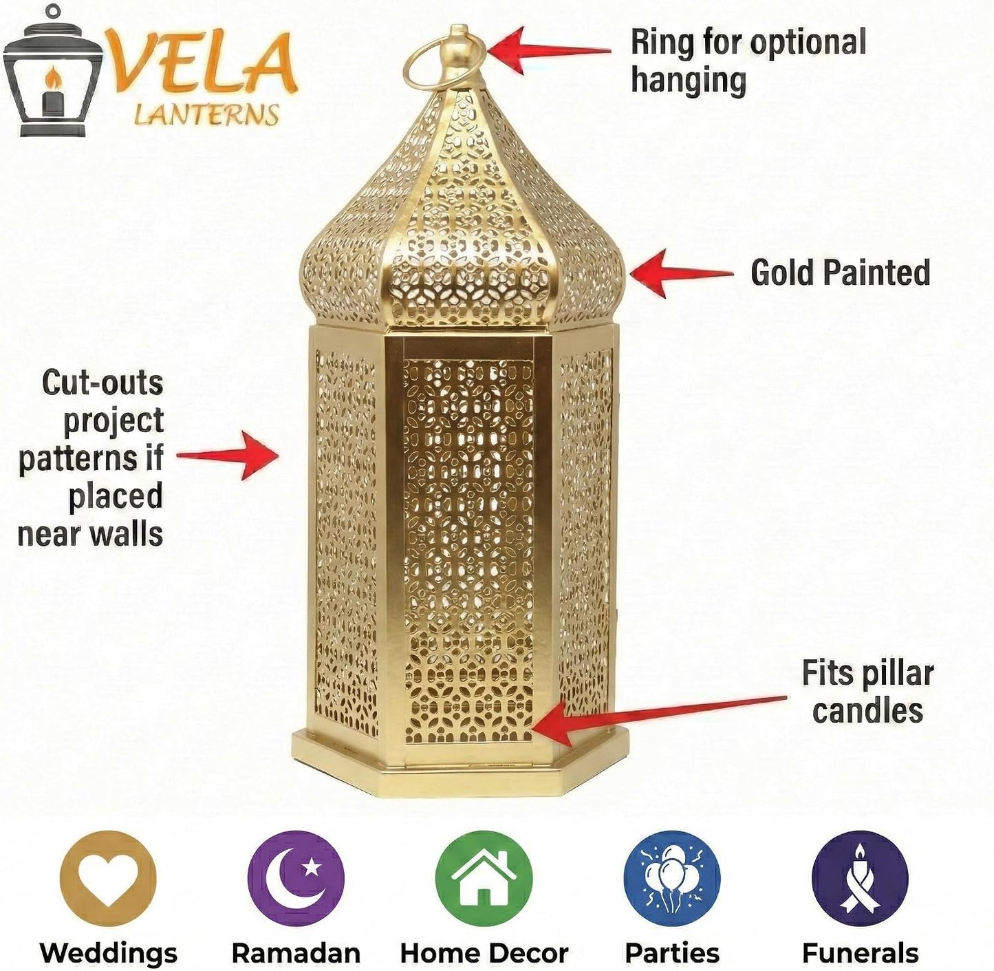 Vela Lanterns Decorative Indoor Gold Moroccan Temple Lanterns, Set of 2 | Ramadan Decorations for Home, Eid Islamic