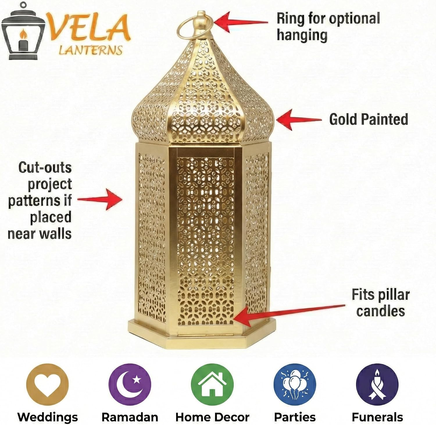 Vela Lanterns Decorative Indoor Gold Moroccan Temple Lanterns, Set of 2 | Ramadan Decorations for Home, Eid Islamic