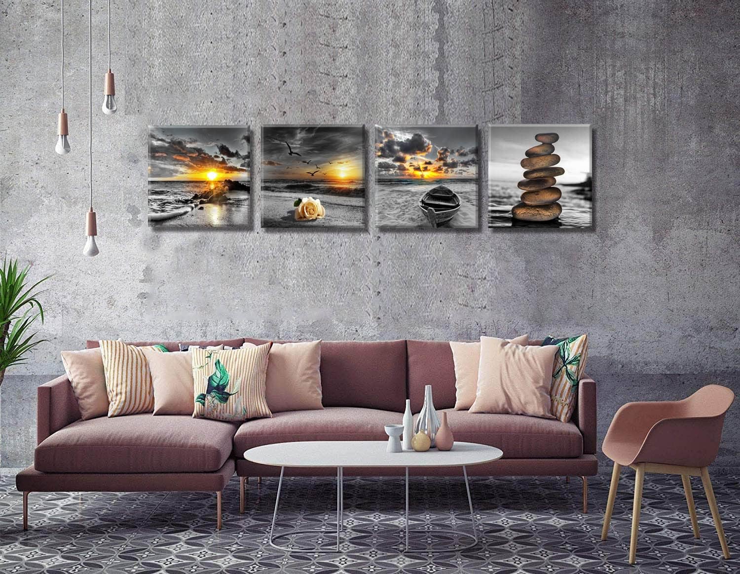 Black and White Gold Beach Wall Art Ocean Canvas / Ablack and White / 12 x 12 / Inches x / Set of 4