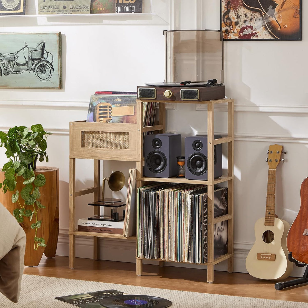 Record Player Stand, Natural Oak Wood Record Holder with Vinyl Storage Holds up to 300+ Albums, 3-Tier Rattan Media