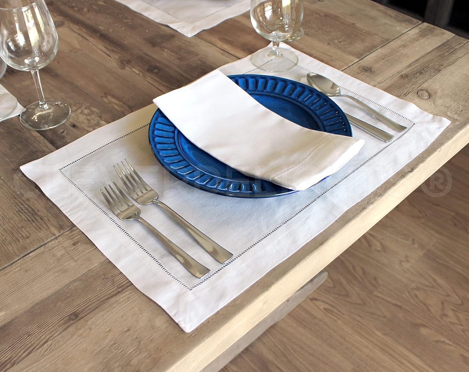 CleverDelights 20" White Hemstitch Dinner Napkins - 12 Pack - 55/45 Linen Cotton Blend
