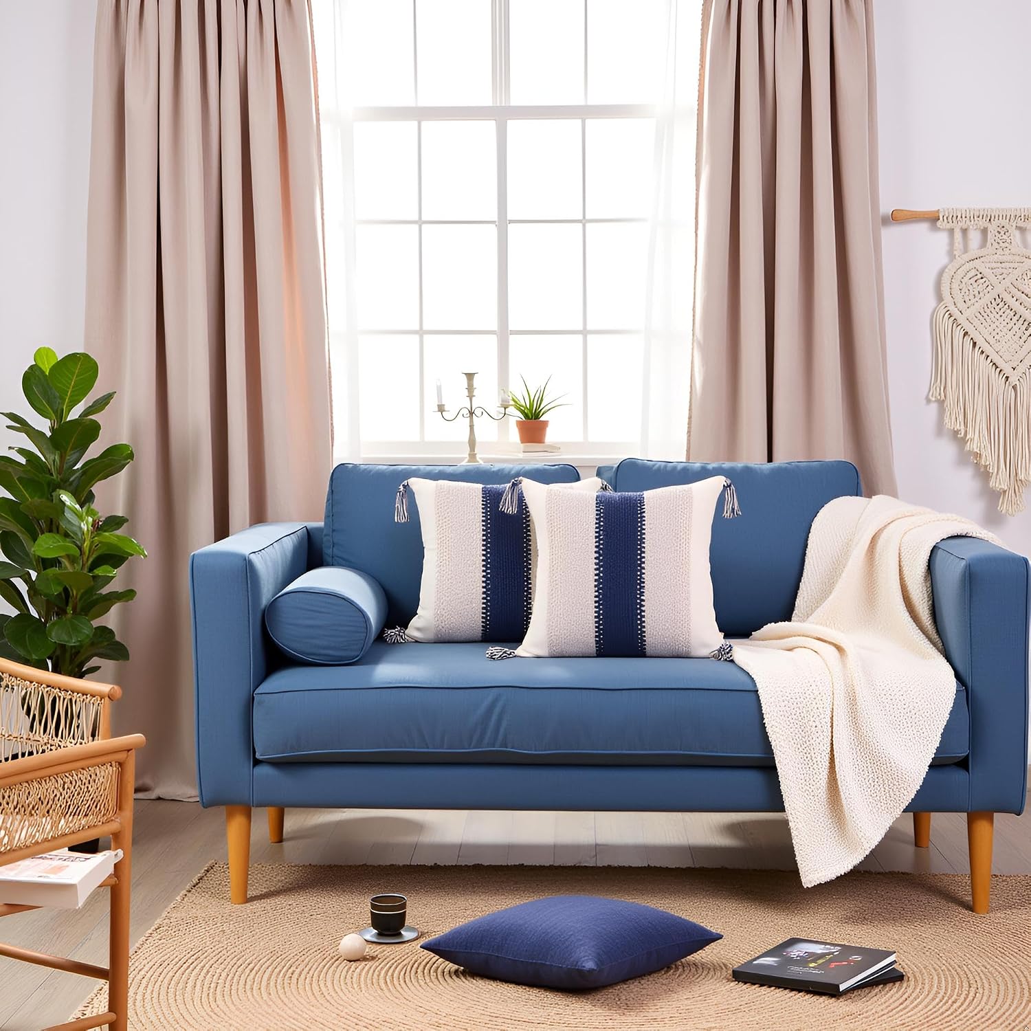 Tassels Boho Throw Pillow Covers Neutral Coastal / Navy Blue Single Stripe / 18 x 18 / Set of 2