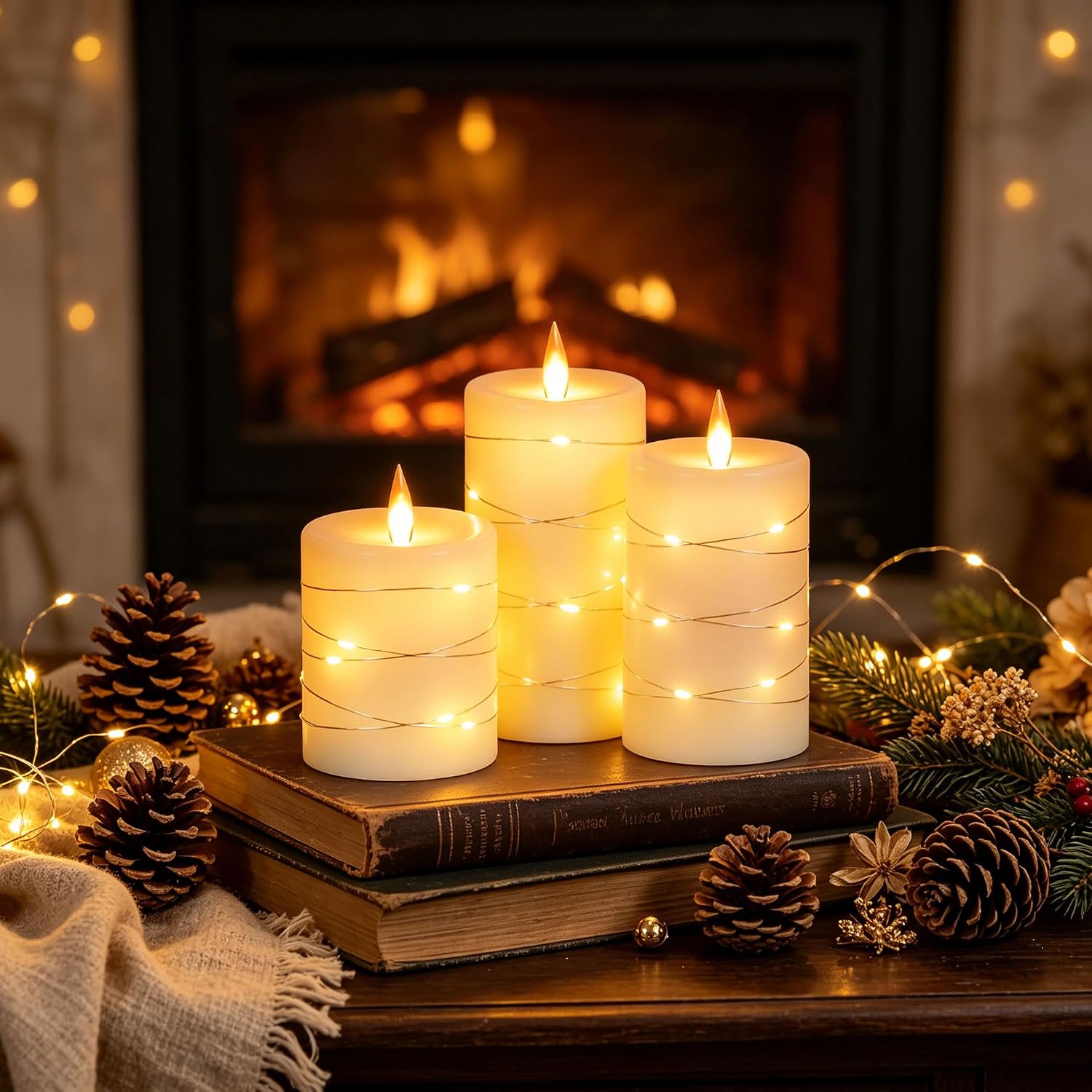 Da by 3 Pack Ivory Real Wax Flameless Taper Candles, Lifelike Flickering LED Flame Candles with Surrounding Copper