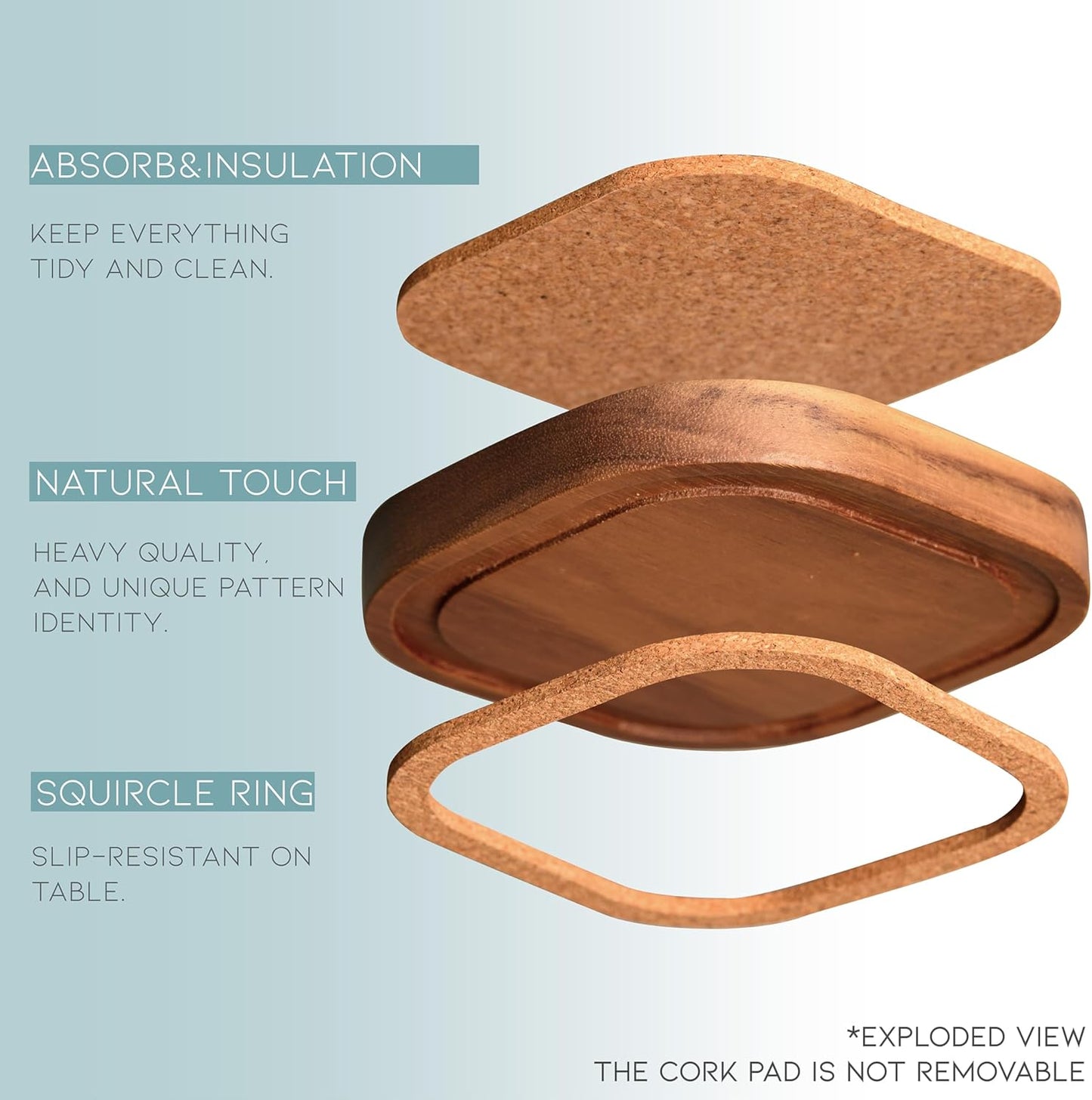 Squircles Insulation and Absorbent Cork Stackable Cup Holder / 4.13 Inch / Set of 6