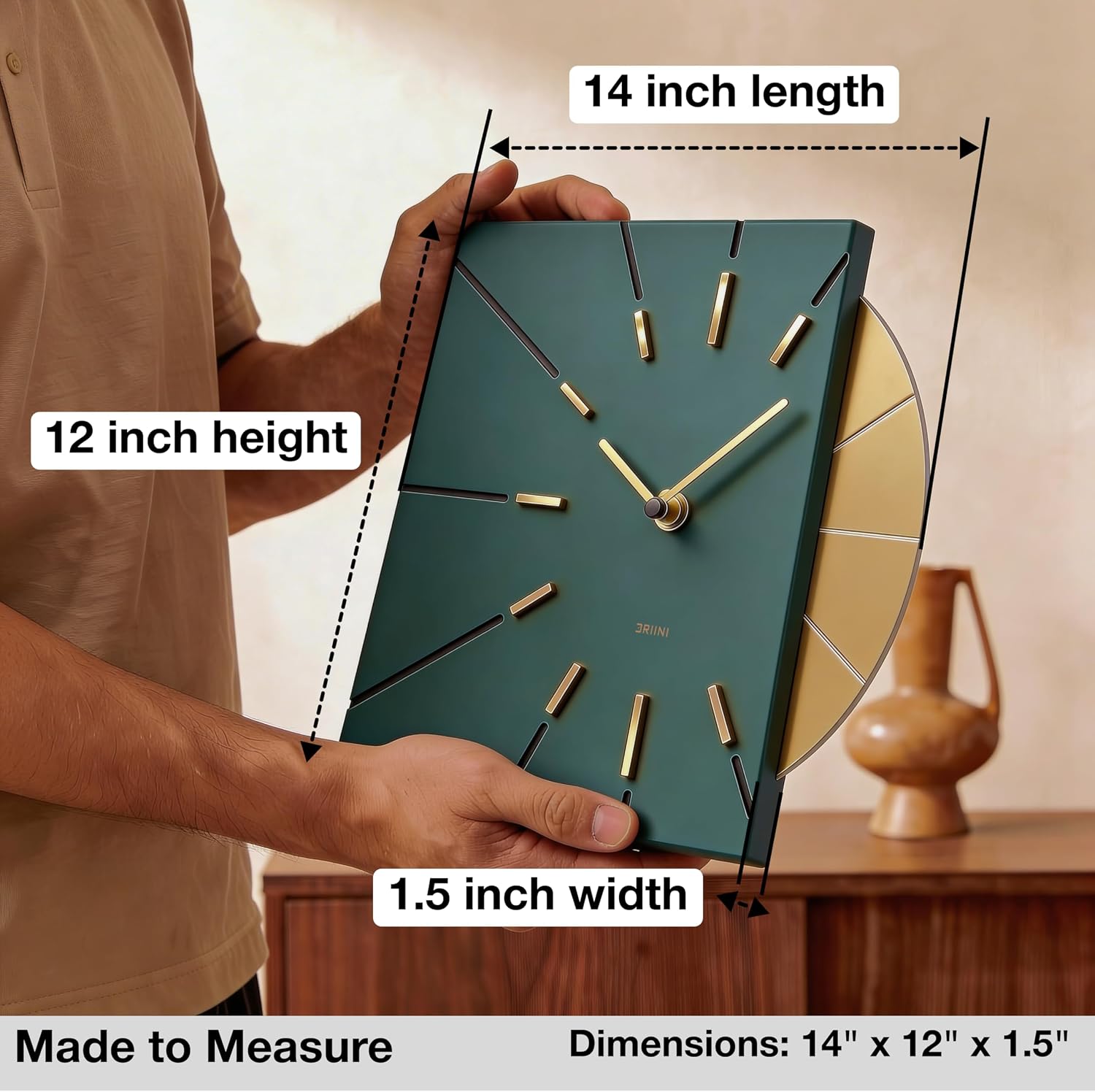 Driini Clocks Mid Century Modern Wall Clock - Square Green Clock with Decorative Gold Accent- Unique and Cool Clock