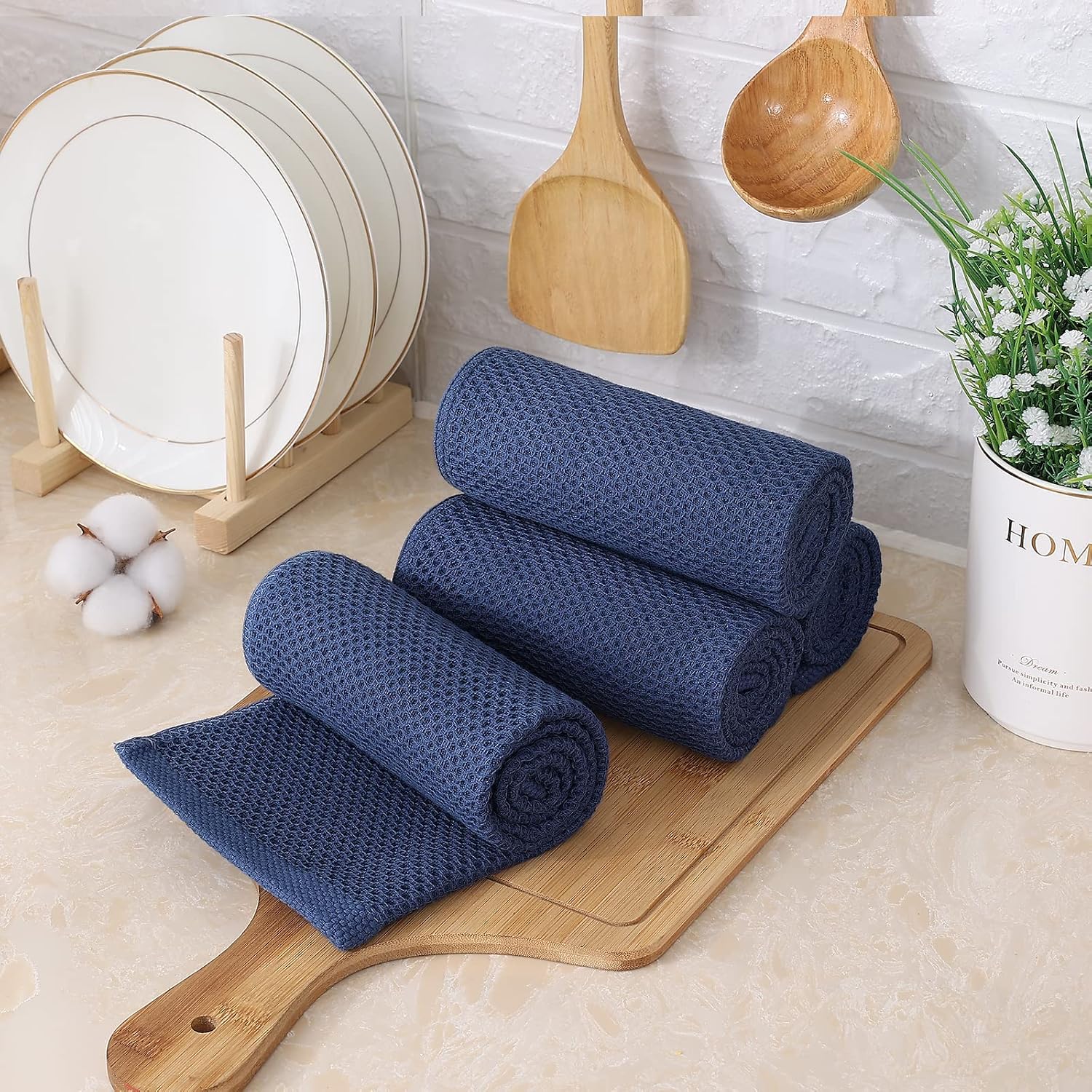 Kitinjoy 100% Cotton Waffle 6-Pack Kitchen Towels, 13" x 28", Navy Blue | Super Soft, Ultra-Absorbent, Fast Drying