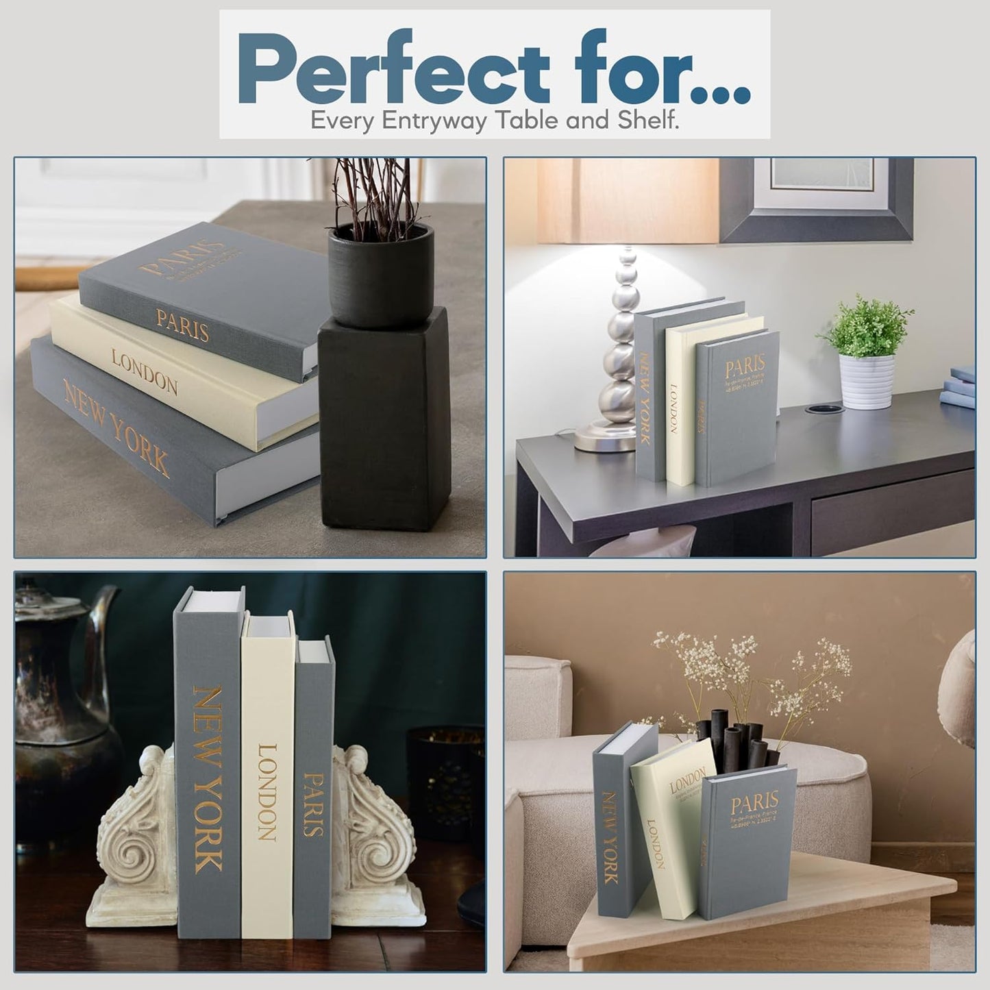 Faux Book Storage Box Set / Gray-cream-gray / Modern / Set of 3