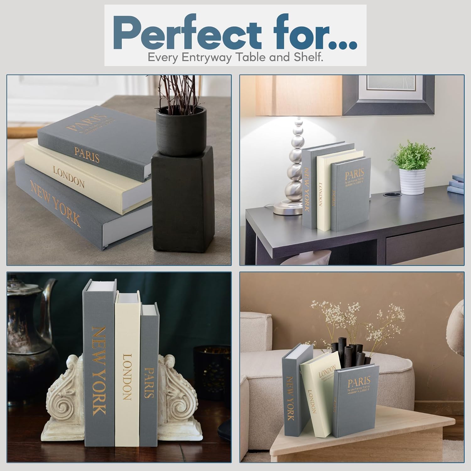 Faux Book Storage Box Set / Gray-cream-gray / Modern / Set of 3