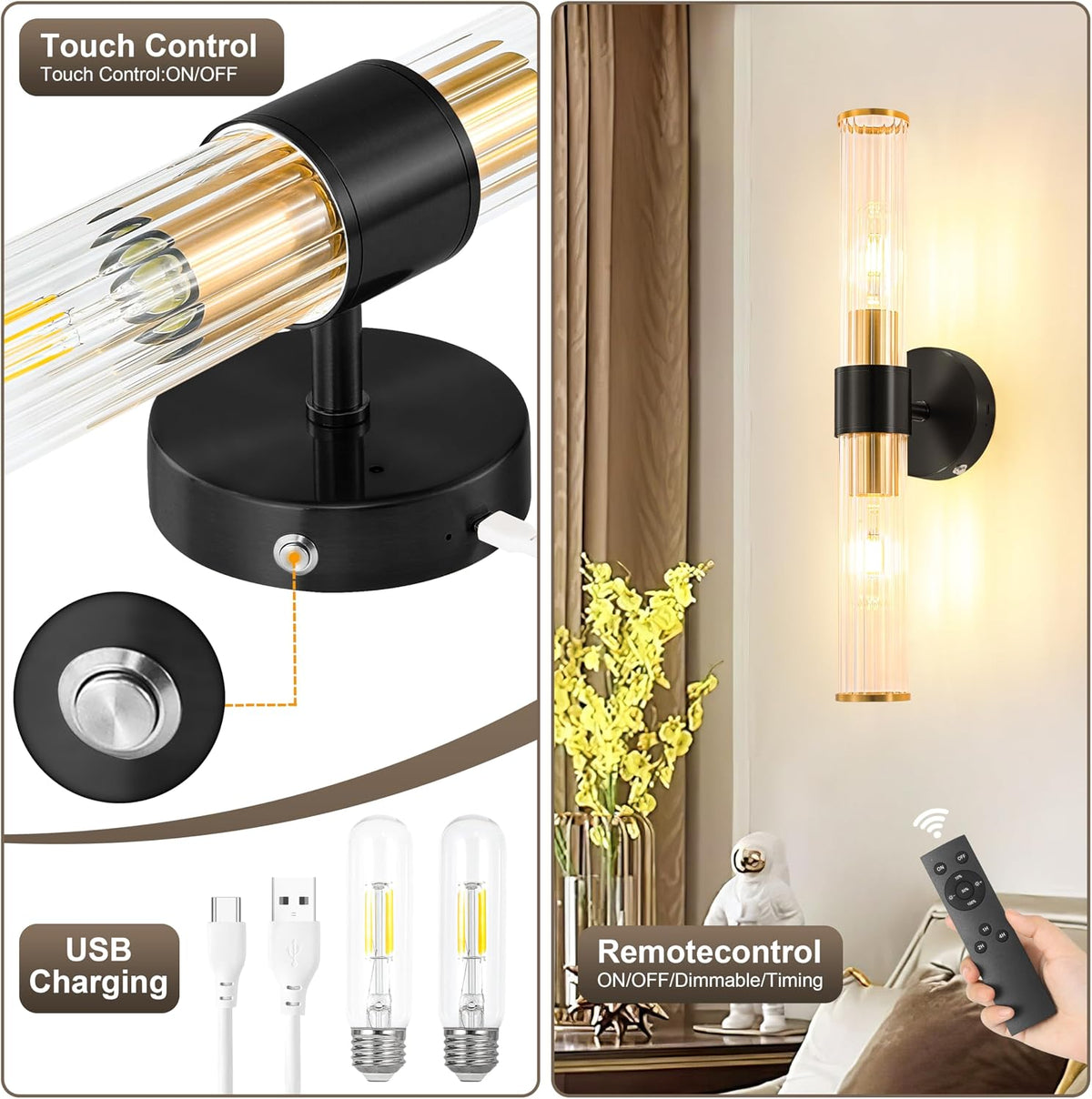 Morauroral Black Gold Battery Operated Wall Sconce, Rechargeable Wall Lights with Remote, 20 Inch Modern Wireless Wall