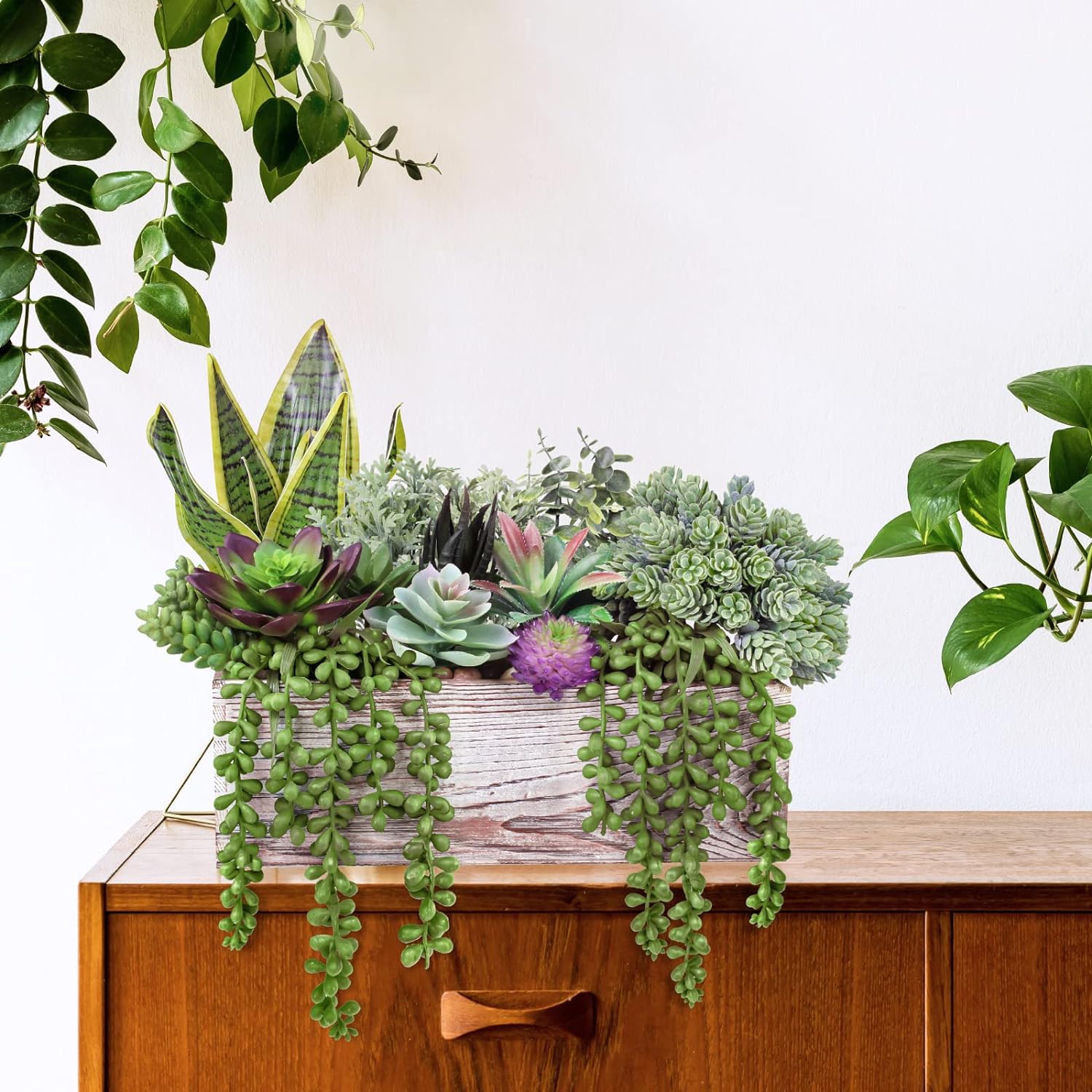 Assorted Artificial Succulents Fake Plants in Rectangular Wooden Pots Artificial Potted / Set of 14