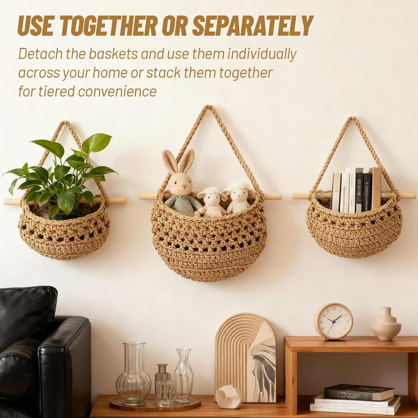 3 Tier Cotton Woven Wall Basket / Beige / 32 Inch