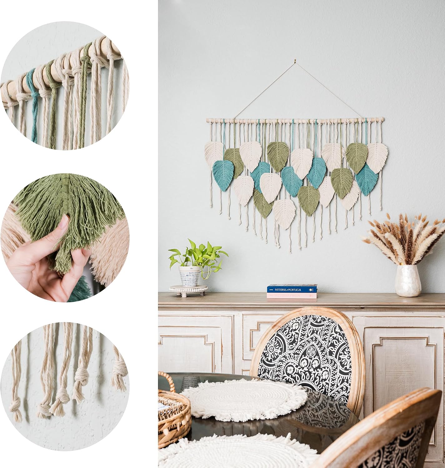 Large Macrame Wall Hanging Leaves / Sage Green, Green, Beige
