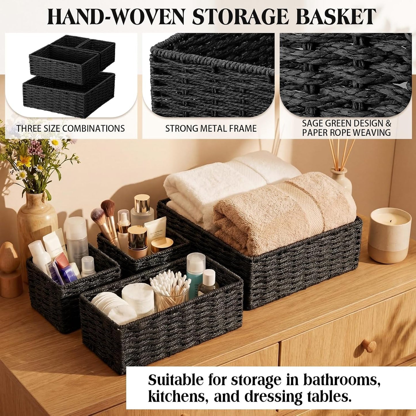 Storage Baskets Set Rustic Paper Rope Woven Decorative Basket / Classic / Black / Set of 4